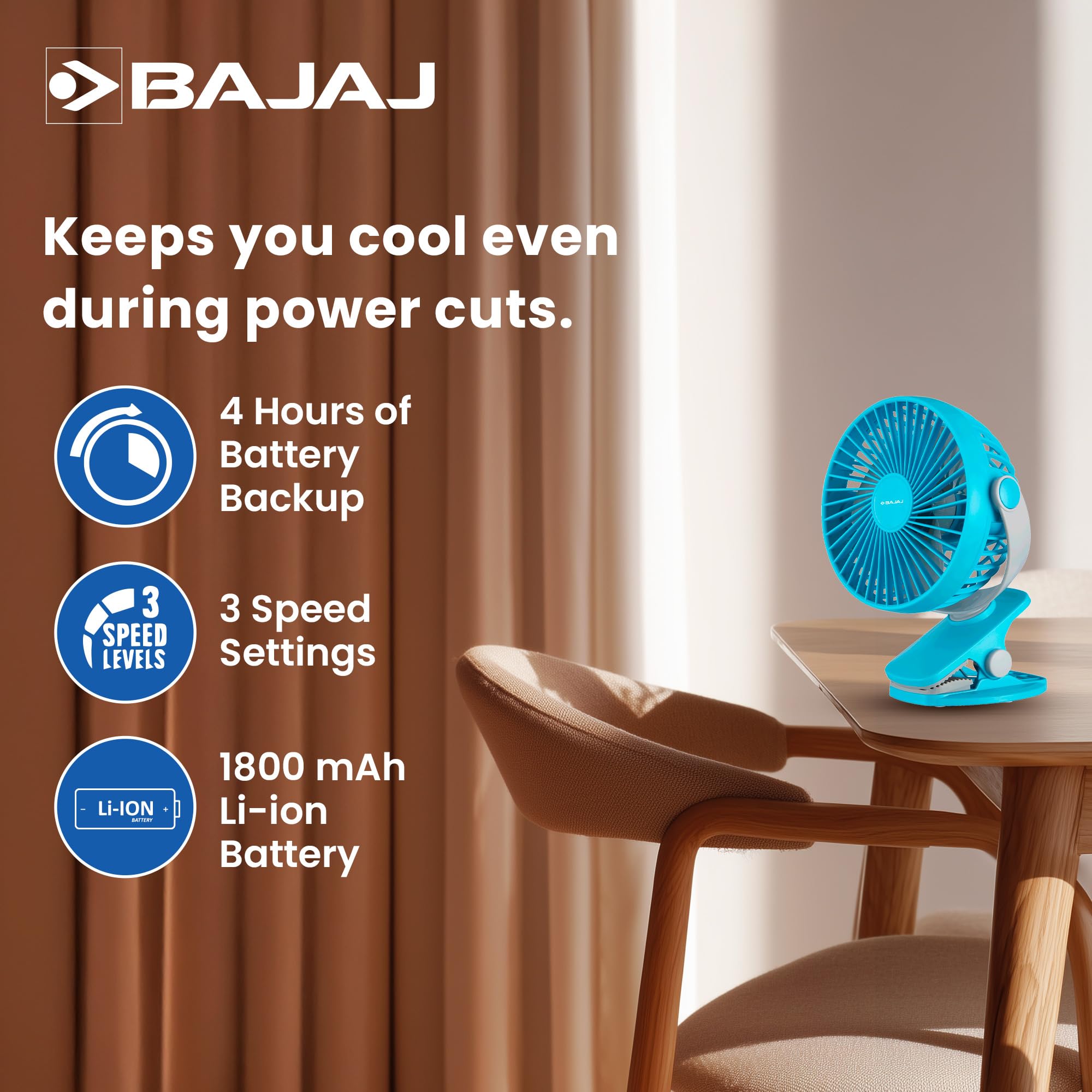 Bajaj Pygmy Mini Fan 110MM | USB Charging | Multi-Clip Function | Rechargeable | 4-Hr Back-up | Silent Operation | Longer Battery Life | Energy Efficient | Portable 【Blue】 3