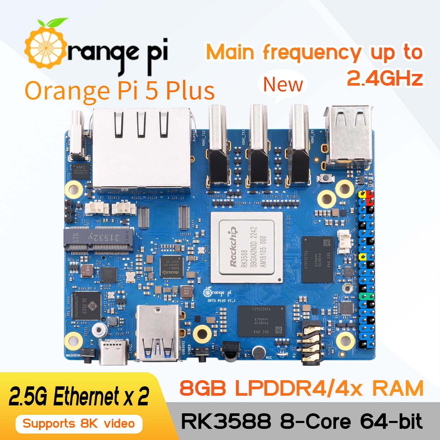 Orange Pi 5 Plus 8GB RK3588 8 Core 64 Bit Single Board Computer, 2.4GHz Frequency 8K Video Decoding Open Source Development Board Run Orange Pi OS, Android, Debian, Ubuntu 2