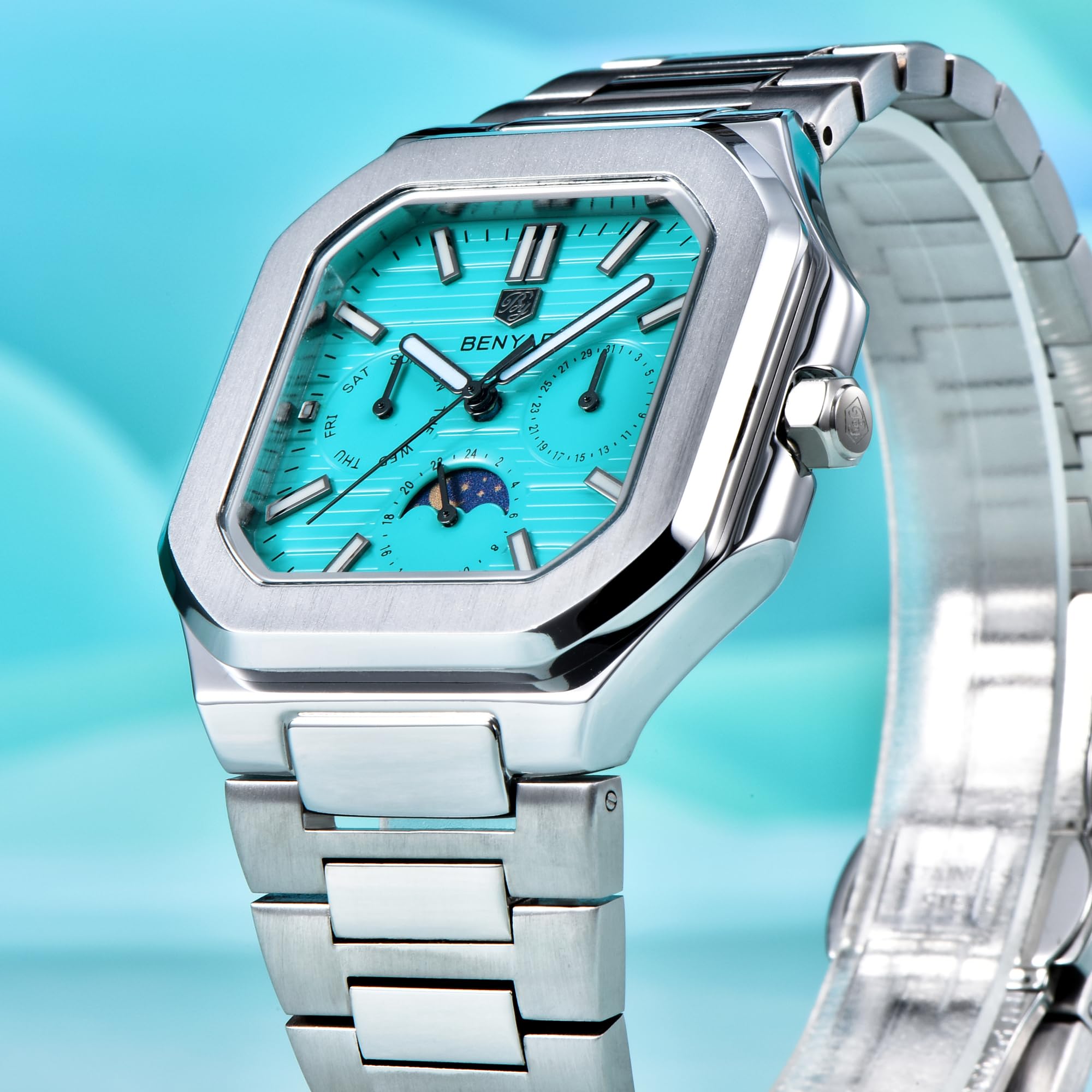 BENYAR Luxury Men's Quartz Watch Multifunctional Chronograph Full Stainless Steel Waterproof Luminous Business Men's Watch BY-5221 (Sky Blue BY-5221) 4