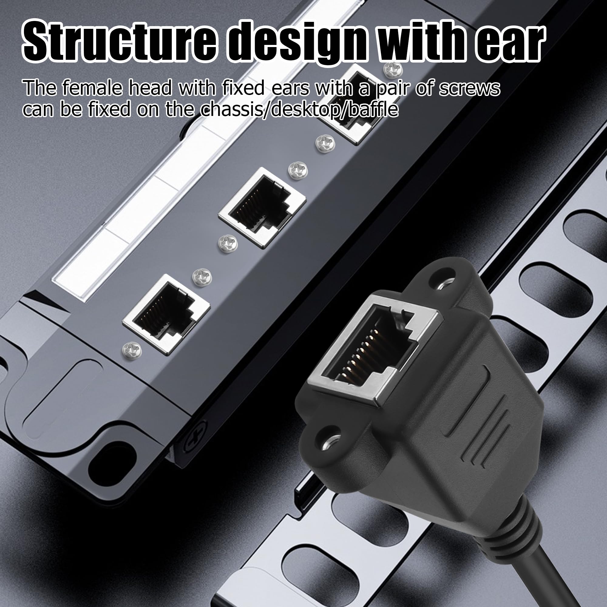 YACSEJAO 90 Degree Cat5e Ethernet Extension Cable 2FT/0.6M RJ45 Male to Female Shielded Ethernet Network Patch Cable with Panel Mounting Holes (Down Angle) 3
