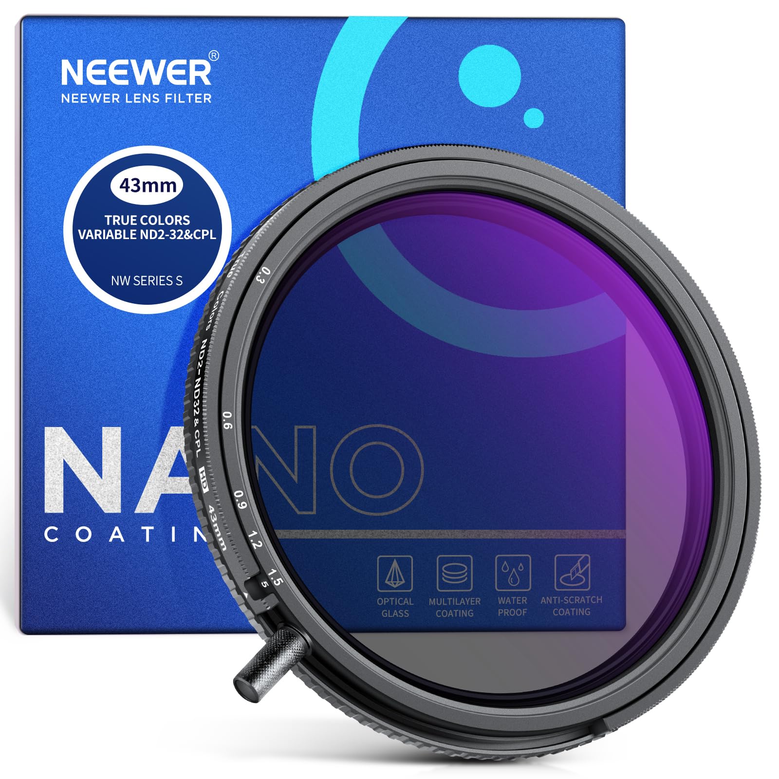 NEEWER 43mm True Colors Variable ND Filter ND2-ND32 & CPL, 2 in 1 Adjustable Neutral Density and Circular Polarizing Filter, Multi Coated HD Optical Glass/Aluminum Frame 1
