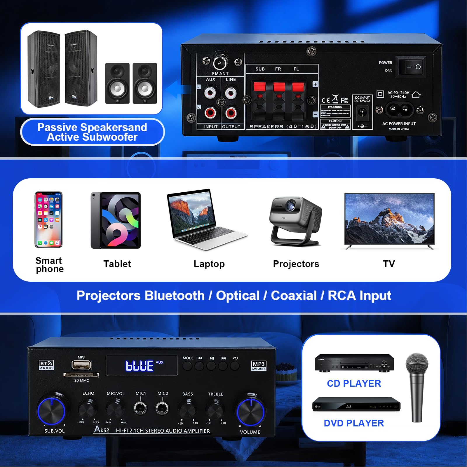 Joengoep AK52Max Home 400W 2.1 Channel Stereo Receivers with Bluetooth 5.0 6