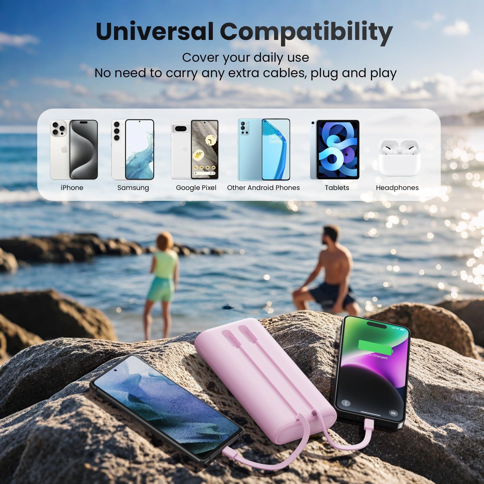 Upgraded Portable Charger 40800mAh Power Bank - Portable Battery with 2 Built in Cables,PD 25W USB C Fast Charging Battery Pack Compatible with iPhone 17 16 15 14 13 Android Phone Tablets etc-Pink 6