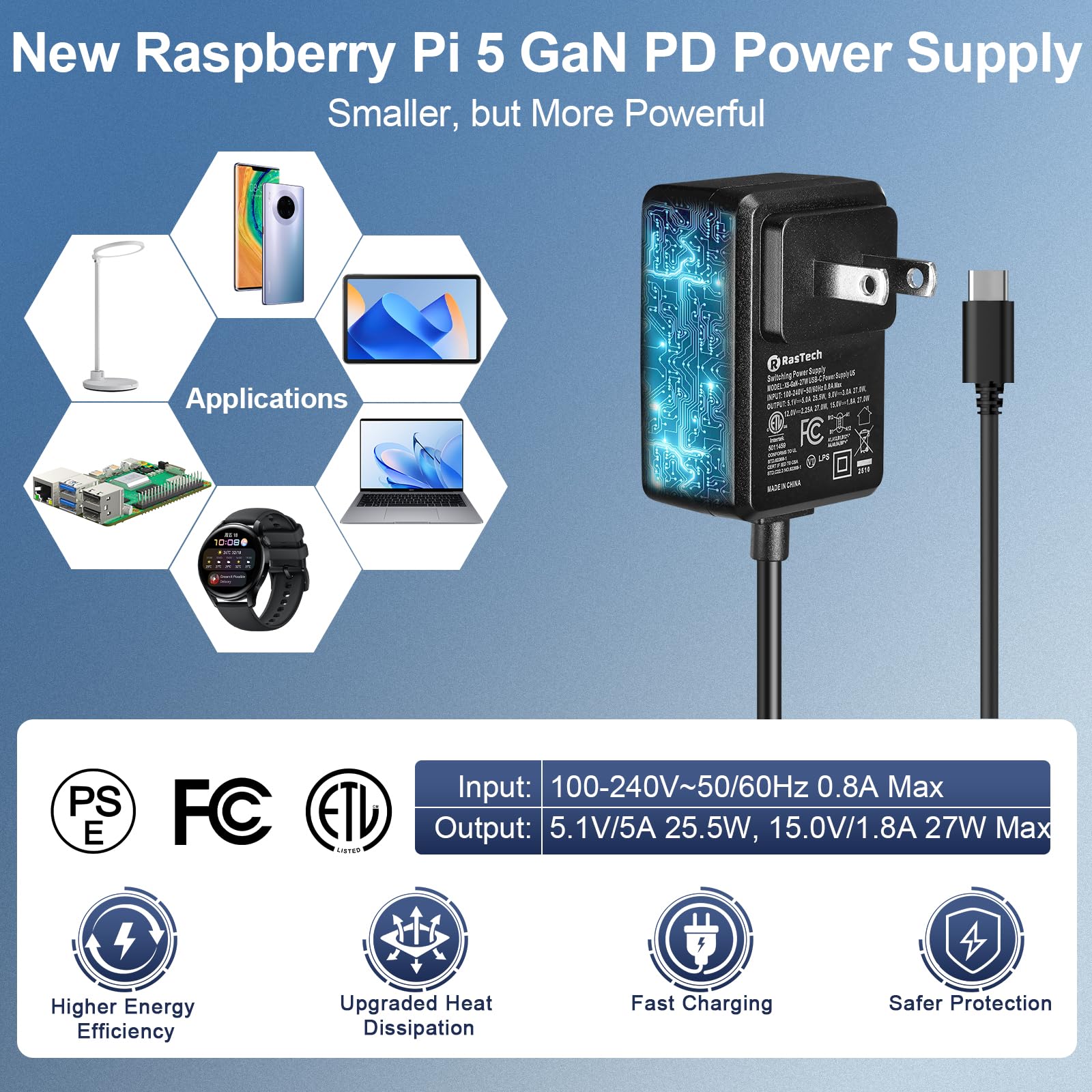 RasTech Raspberry Pi 5 Kit 16GB RAM with 27W PD Power Supply 5.1V5A,Heat Sinks and Raspberry Pi 5 16GB Board Included 4