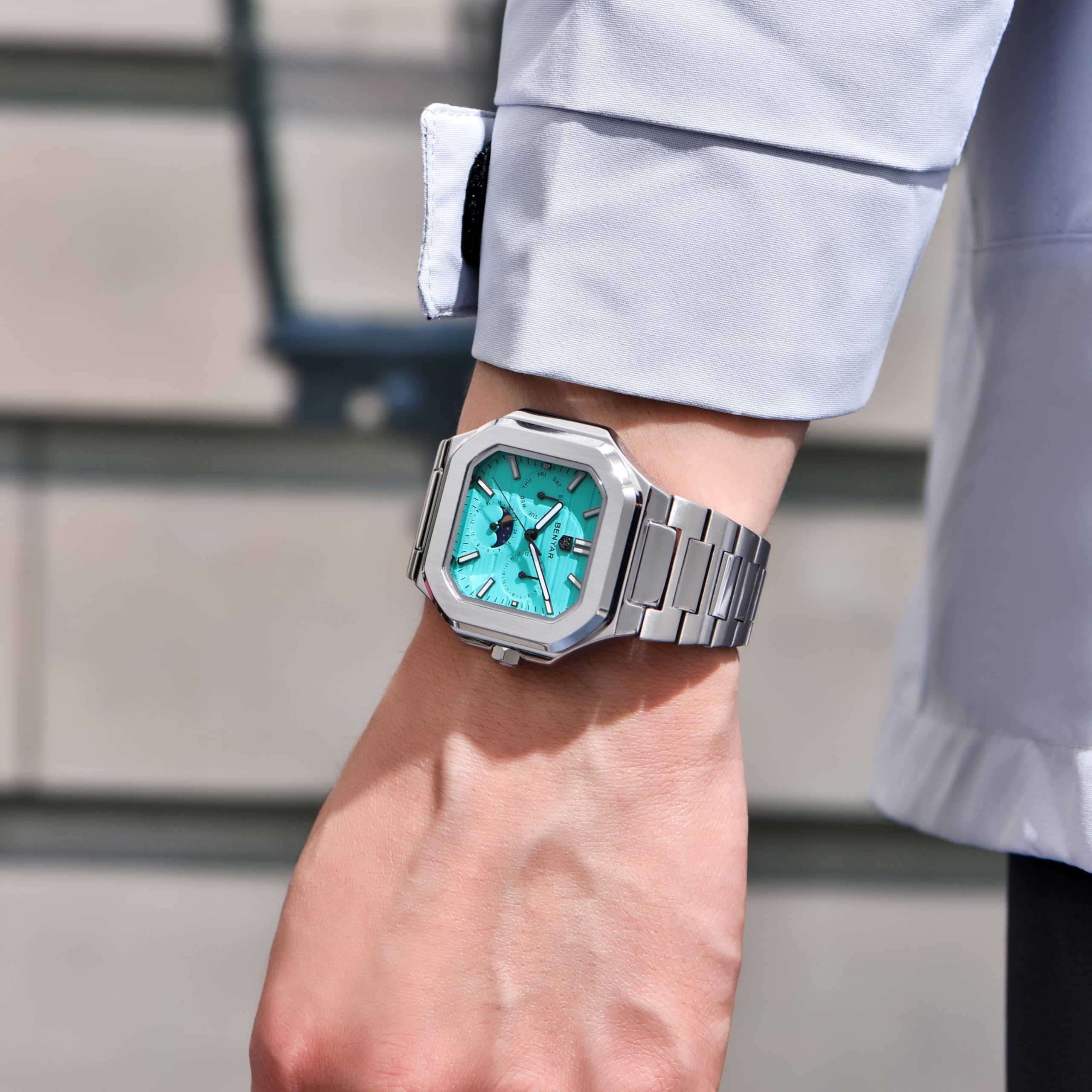 BENYAR Luxury Men's Quartz Watch Multifunctional Chronograph Full Stainless Steel Waterproof Luminous Business Men's Watch BY-5221 (Sky Blue BY-5221) 3