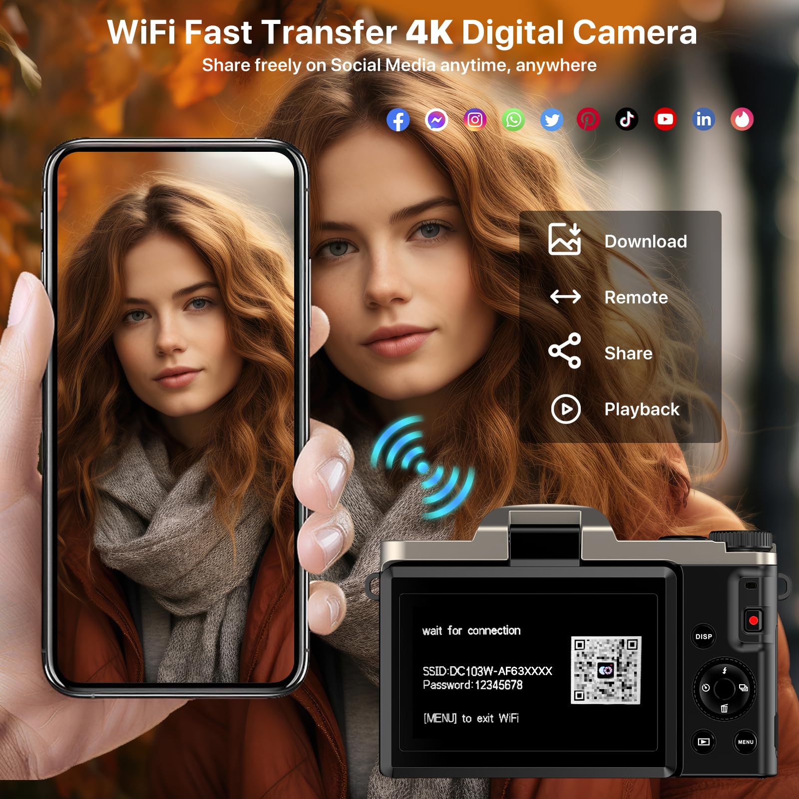 4K Digital Camera for Photography 64MP WiFi Vlogging Camera for YouTube Autofocus 3" 180° Flip Screen 16X Zoom Compact Travel Cameras with Anti-Shake, SD Card, 2 Batteries & Battery Charger 4