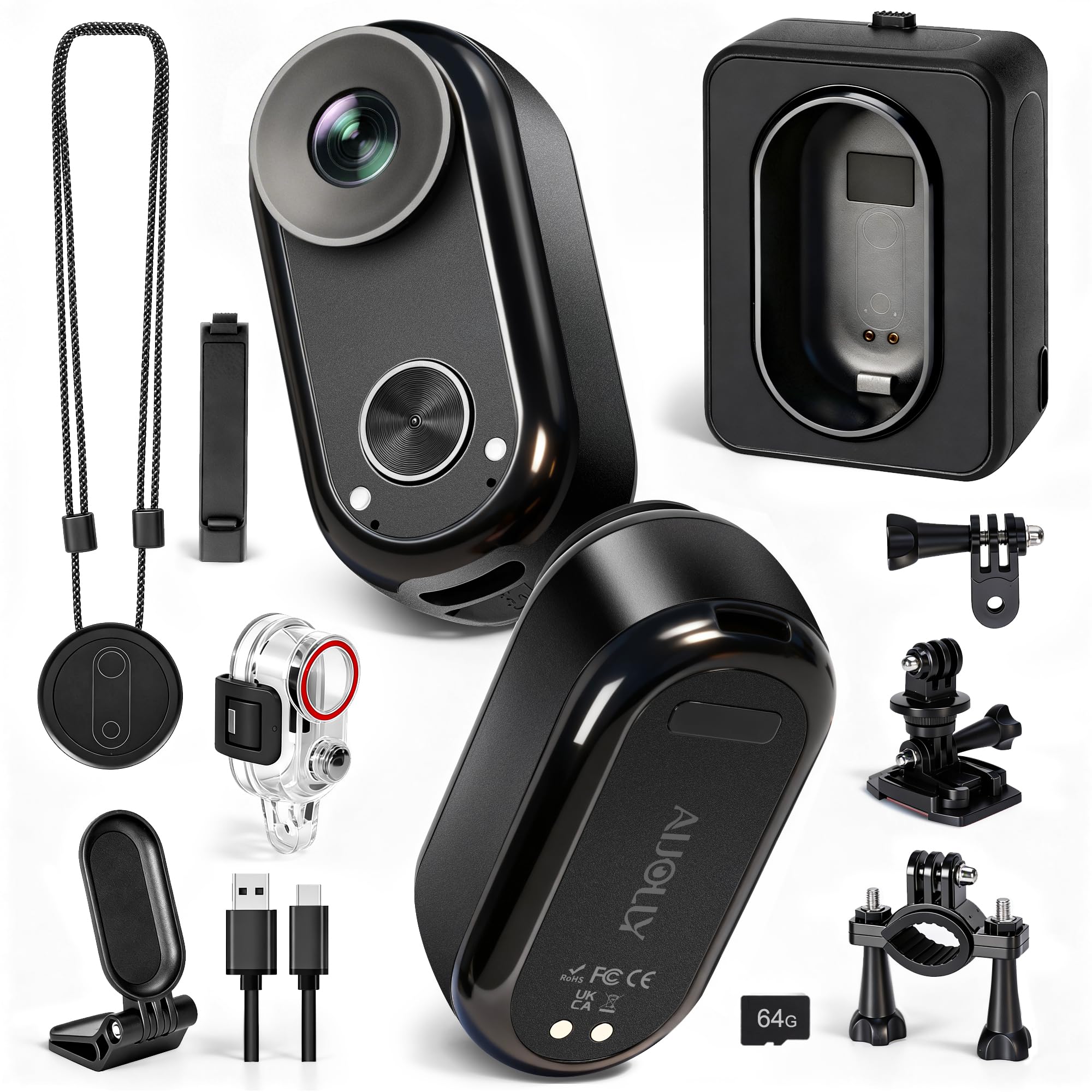 AIJOLLY 4K Mini Body Camera, 64GB Wearable POV Thumb Cam with Charging Case, 6-8H Total Runtime, App GPS Data Overlay & AI Recognition, Magnetic Action Cam with Stabilization 1