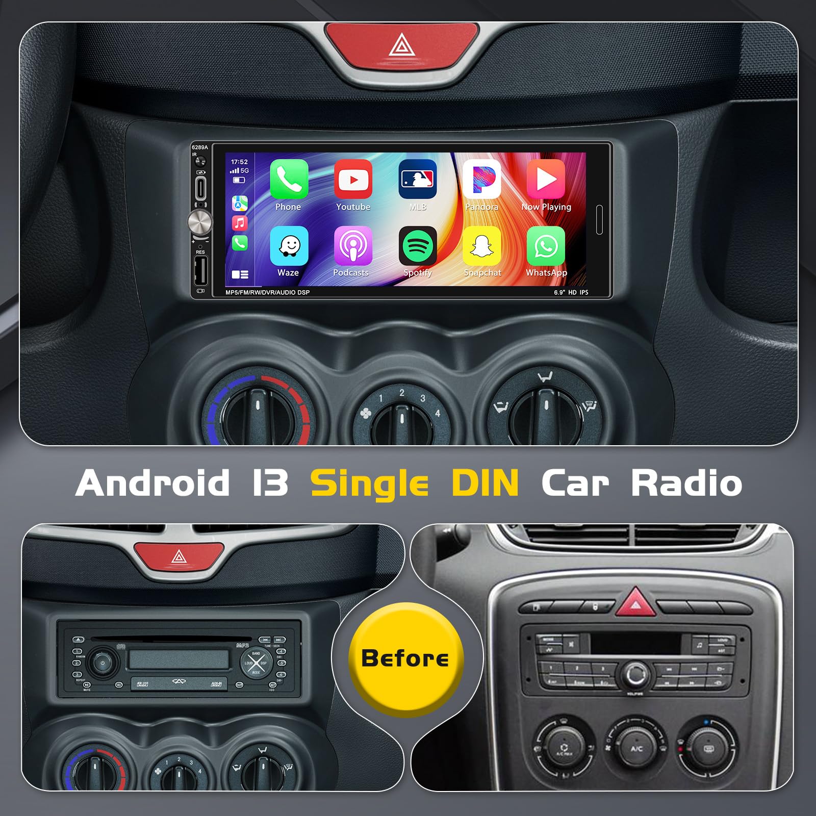 Inefala [2+32GB] Android 15 Single Din Car Radio with Wireless Carplay Android Auto, 6.9 Inch Touchscreen Car Stereo with WiFi GPS Bluetooth5.0 FM/RDS 32EQ SWC Type-C/USB Port with Backup Camera MIC 3