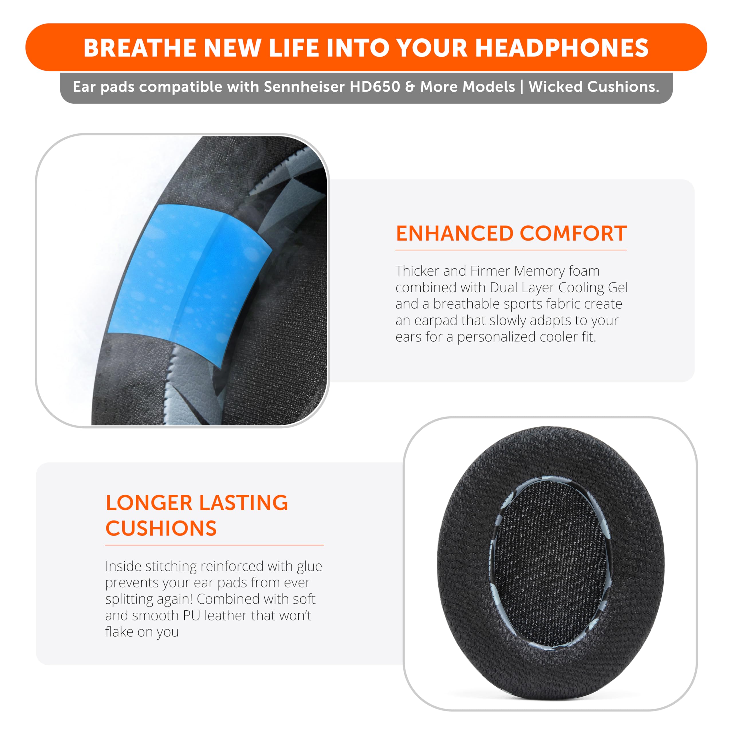 WC Freeze HD6XX - Cooling Gel Earpads for Sennheiser HD6XX, HD58X, HD600, HD650, HD660S, HD660S2, HD580, HD565 & More, Made by Wicked Cushions | Extra Comfortable and Cool | Geo Grey 5
