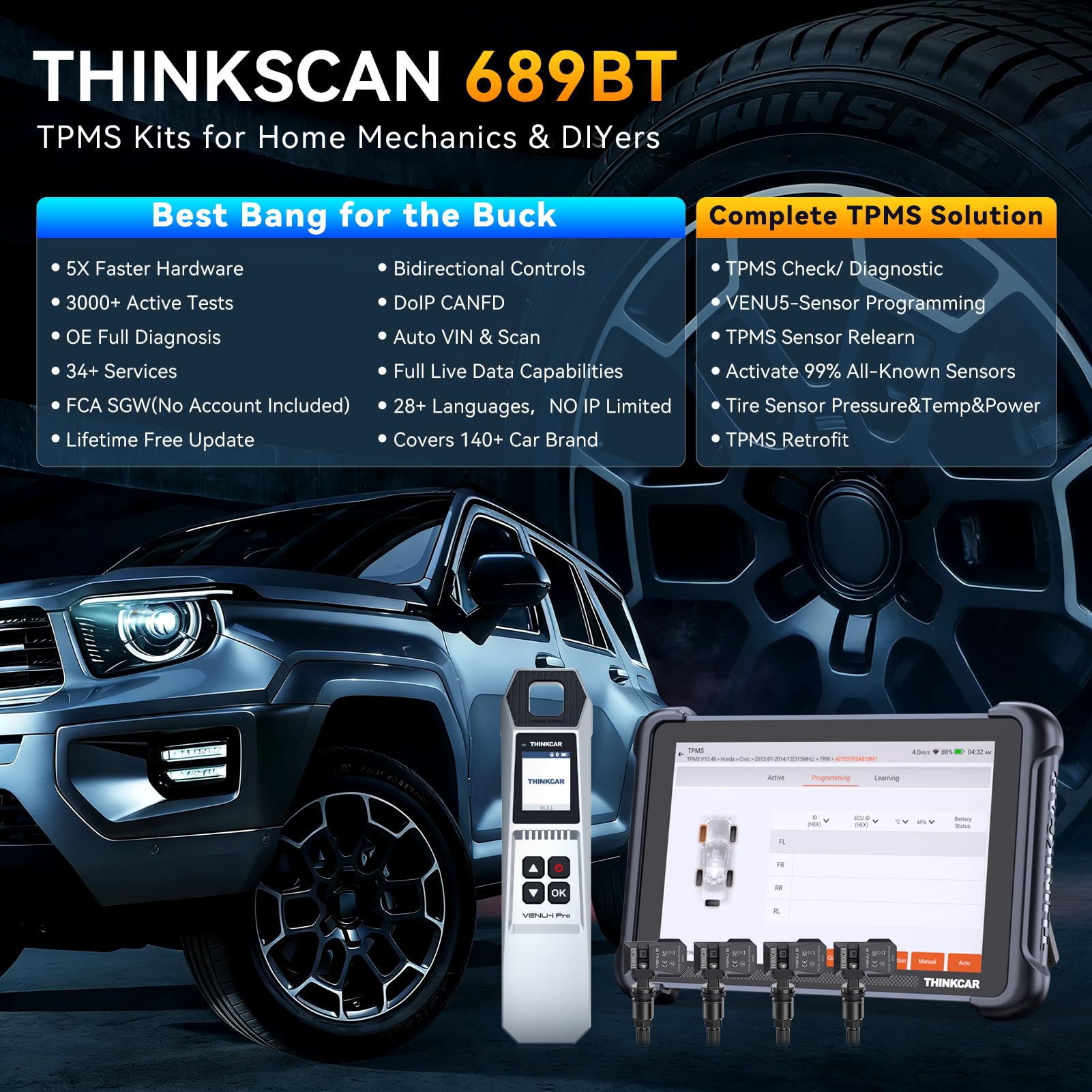 THINKSCAN 689BT TPMS Combos With 12+8 Connector, Professional OBD2 Scanner Diagnostic Tool with TPMS, Activate/Read/Learn Sensor Tool with VENU iPro, Programming Sensors(Pack in 315/433MHz VENU5) Only 3