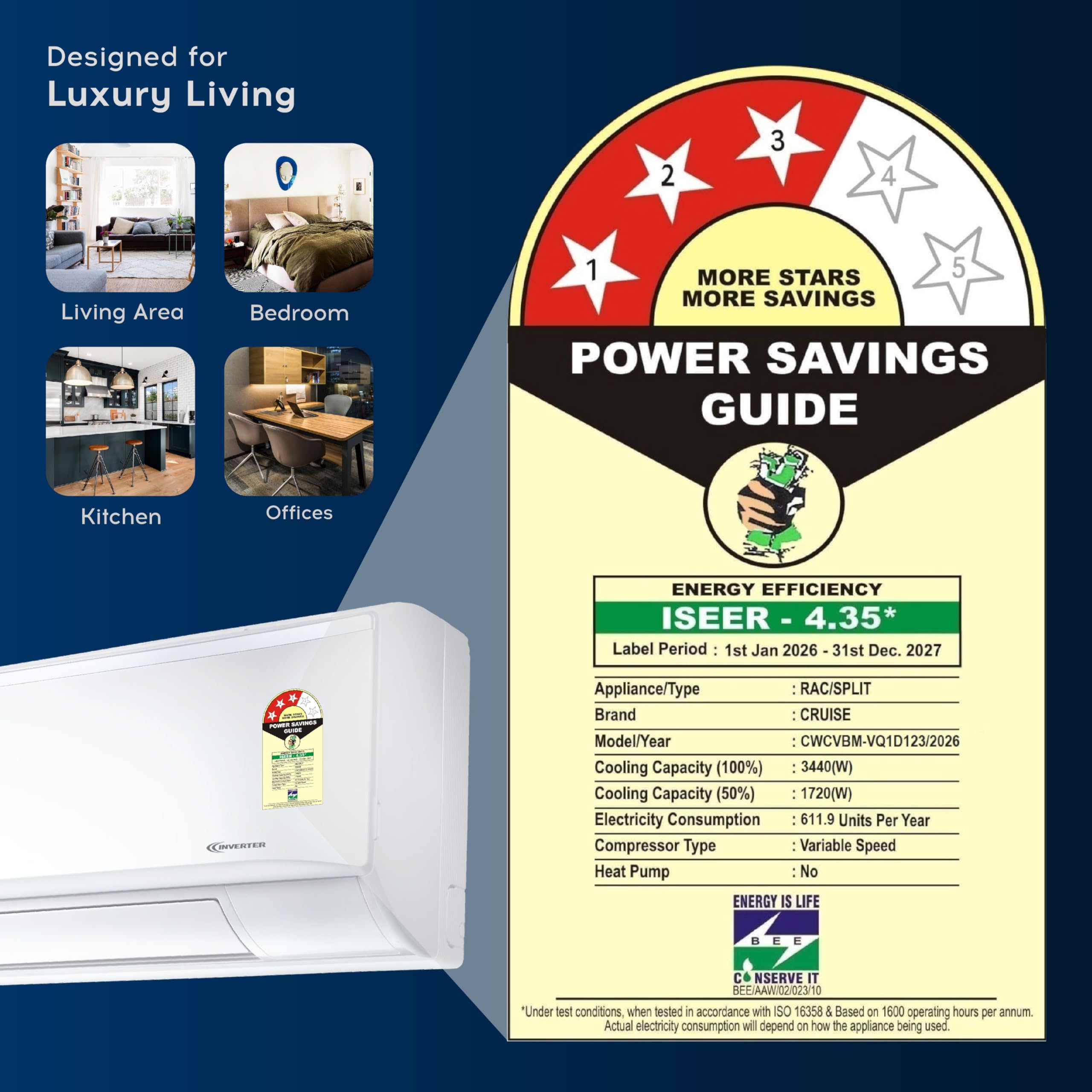Cruise 1 Ton 3 Star, New Star rated, Inverter Split AC with 7-Stage Air Filtration (Copper, Convertible 4-in-1, Fast Cooling at 48 °C, PM 2.5 Filter, Anti-Rust Tech, CWCVBM-VQ1D123,White) 3