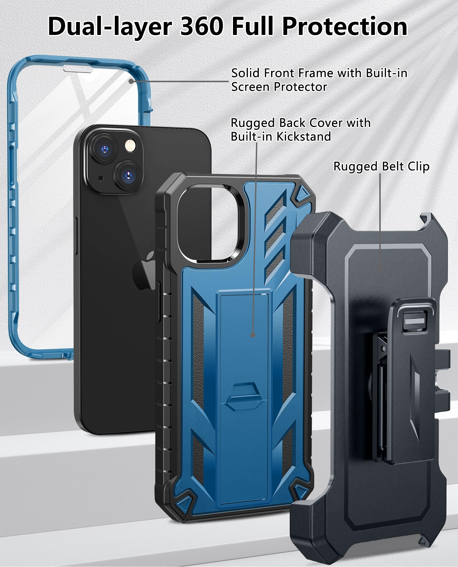 for iPhone 13/14/15 Phone Case: for iPhone 16e Protective Cover with Belt Clip Holster | Durable Dual-Layer Design with Built-in Kickstand | Heavy Duty Military Grade Hard Protection Shock Proof 2