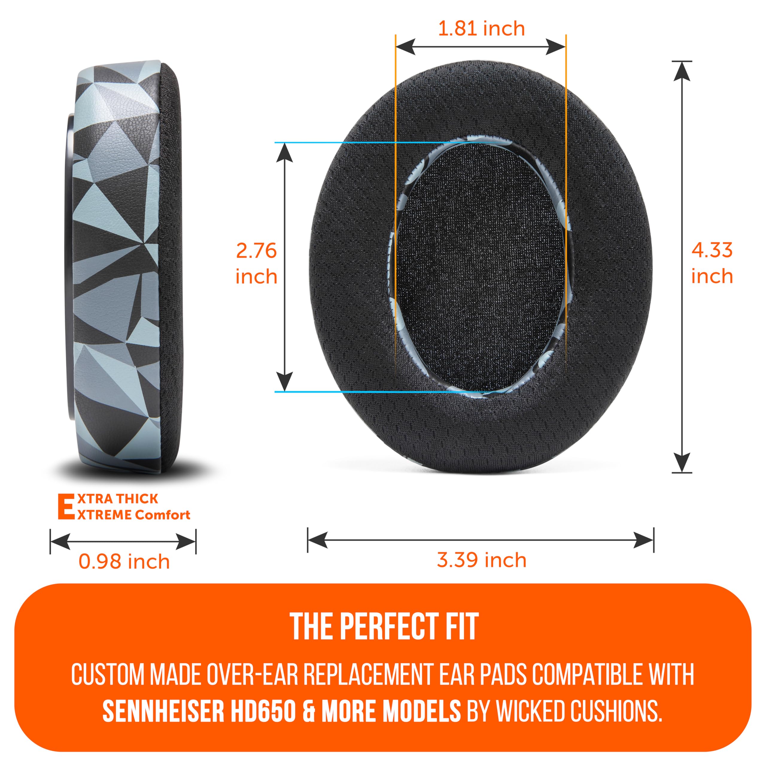 WC Freeze HD6XX - Cooling Gel Earpads for Sennheiser HD6XX, HD58X, HD600, HD650, HD660S, HD660S2, HD580, HD565 & More, Made by Wicked Cushions | Extra Comfortable and Cool | Geo Grey 6