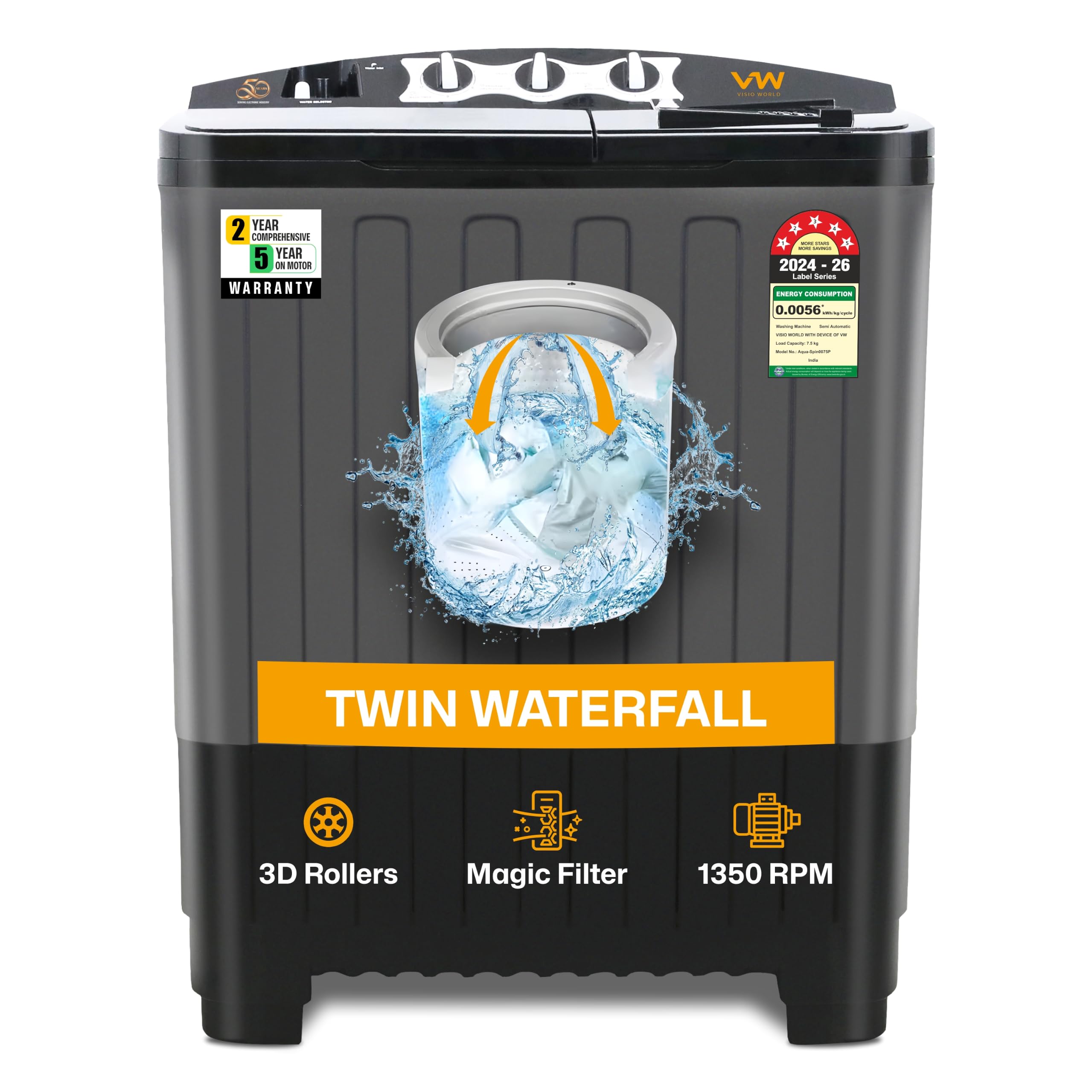 VW 7.5 kg 5 Star Aqua Spin Semi Automatic Top Load Washing Machine AquaSpin0075P (Black) 1