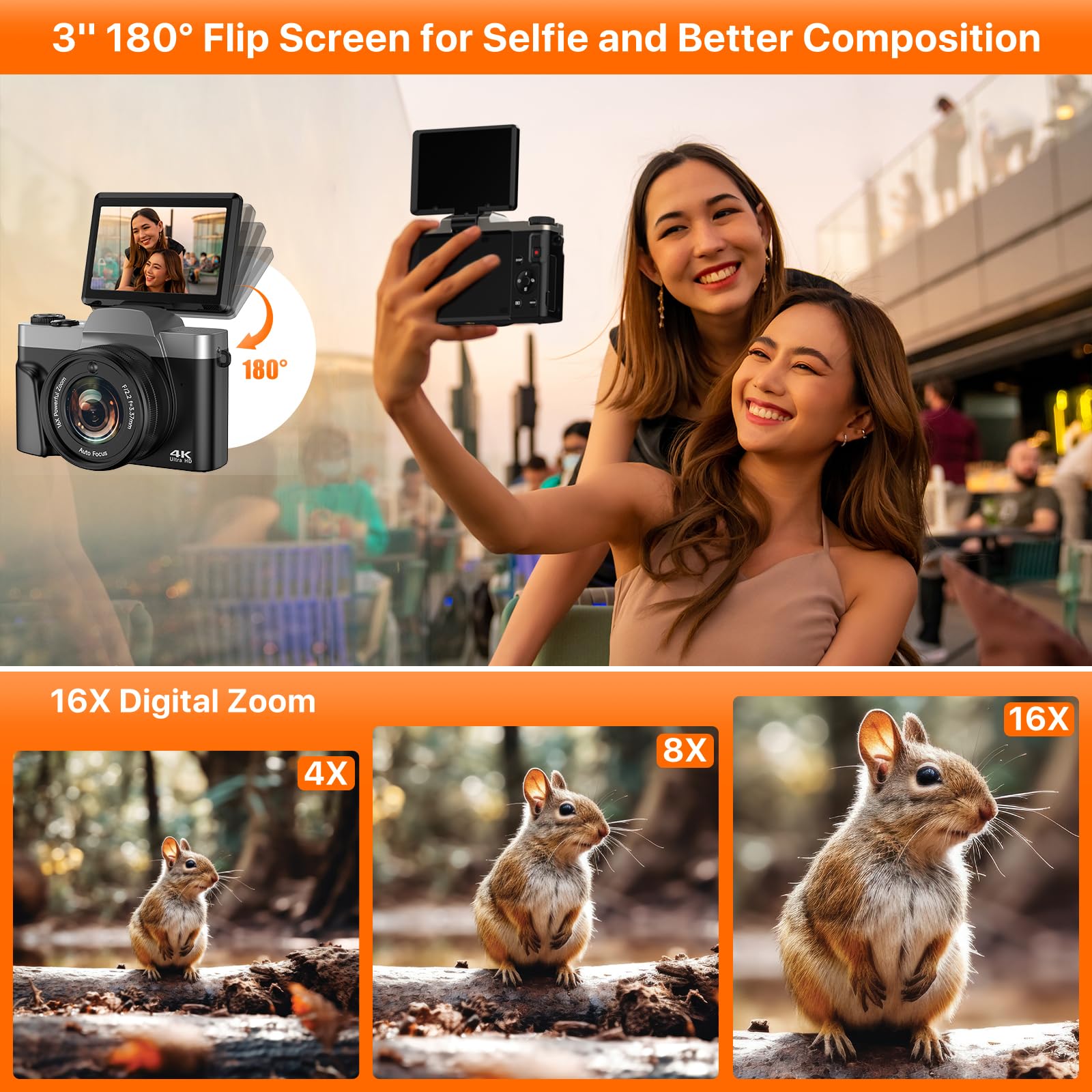 4K Digital Camera for Photography 64MP WiFi Vlogging Camera for YouTube Autofocus 3" 180° Flip Screen 16X Zoom Compact Travel Cameras with Anti-Shake, SD Card, 2 Batteries & Battery Charger 3