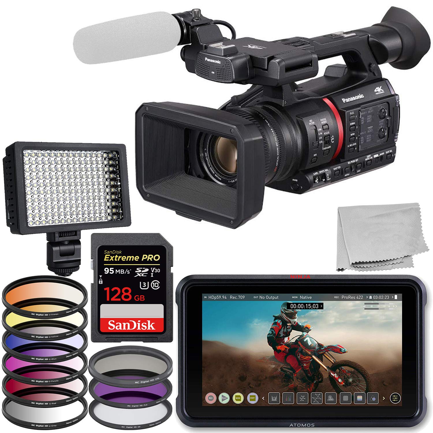 Panasonic AG-CX350 4K Camcorder Deluxe Bundle Includes: Atomos Ninja V 5" 4K HDMI Recording Monitor - SanDisk Extreme 128 Memory Card - 3 Piece Multi Coated HD Filter Kit 67mm and Much More 1