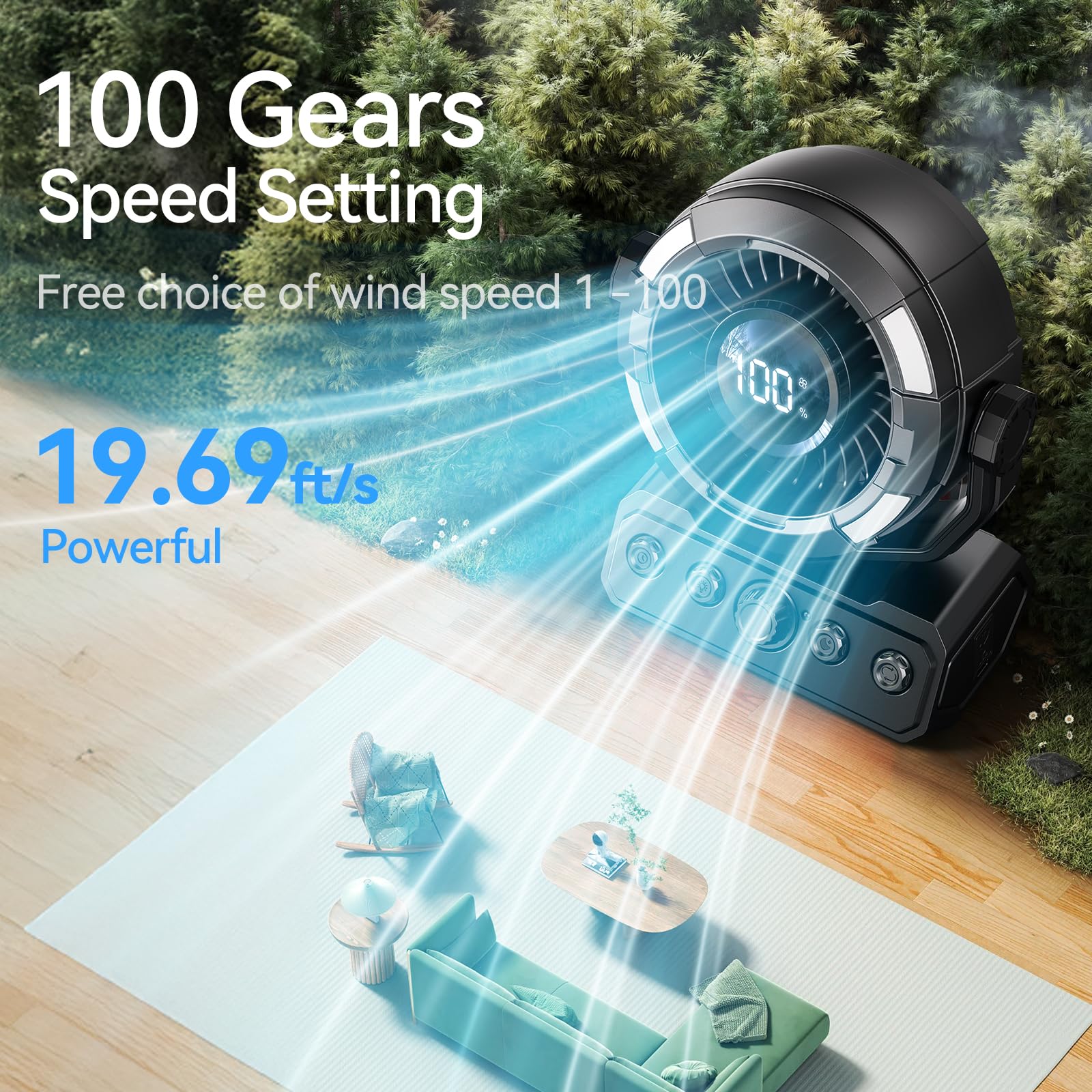 KIMMOO 20000mAh Camping Fan with Light, 80Hrs Max Cooling, 100 Speeds, Portable Fan Rechargeable with Hook, Remote, Timer, 180° Oscillation, Battery Powered for Outdoor Tent Beach Travel BBQ (Black) 4