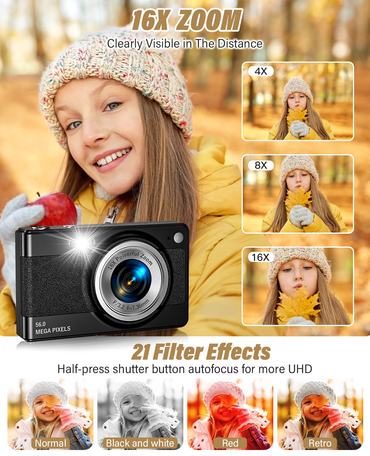 2025 New Digital Camera, 56MP FHD 1080P for Kids with 16x Digital Zoom Anti Shake, Face Detect, Smile Capture, 32GB TF Card, Battery, Lanyard, a Great Gift for Boys & Girls（Black） 4