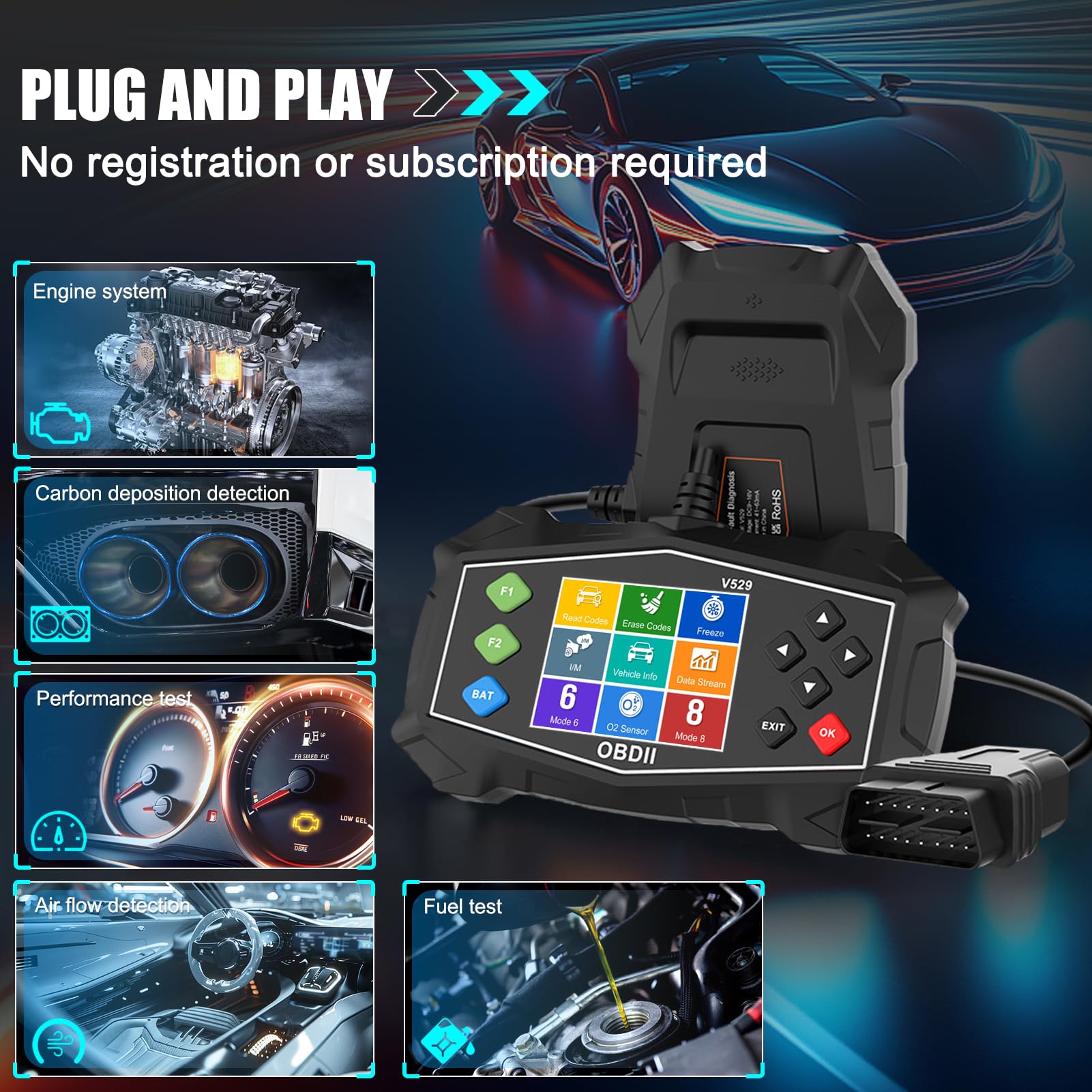 VECOONEEN OBD2 Scanner Diagnostic Code Reader,Automotive OBD II Engine Light,Battery Tester,Mode 6, Mode 8 & I/M Readiness,OBDII Scan Tool for All OBDII Cars 1996+(OBDIIBlack) 5