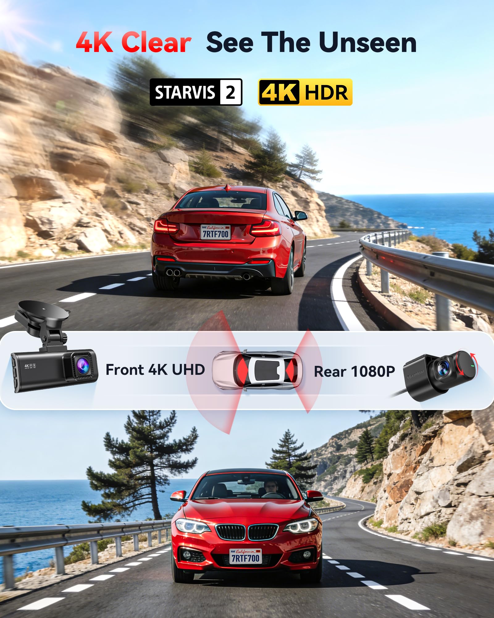 REDTIGER Dash Cam 4K Front and 1080P Rear, STARVIS 2 Sensor, 5.8GHz WiFi (20MB/s), GPS, WDR & HDR Night Vision, 170°Wide Angle, Parking Mode, Loop Recording with Emergency Lock(SD Card Not Included) 2