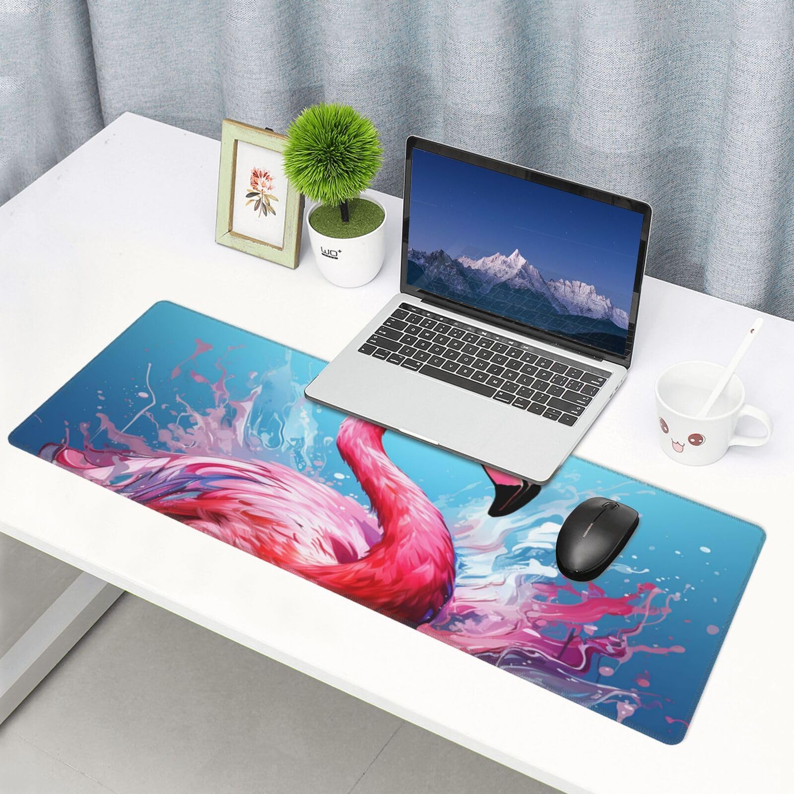Famame Laptop Mouse Pad Big Pink Flamingo Bird Desk Mat with Stitched Edges 31.5X 11.8 inch Non-Slip Large Keyboard Rubber Writing Table Mat for Office Home 5