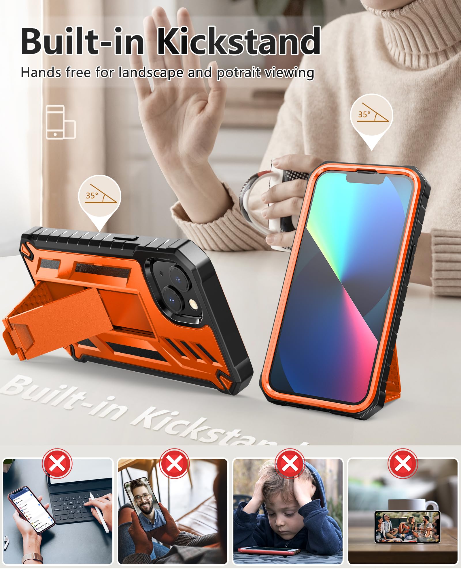 for iPhone 13/14/15 Phone Case: for iPhone 16e Protective Cover with Belt Clip Holster | Durable Dual-Layer Design with Built-in Kickstand | Heavy Duty Military Grade Hard Protection Shock Proof 4