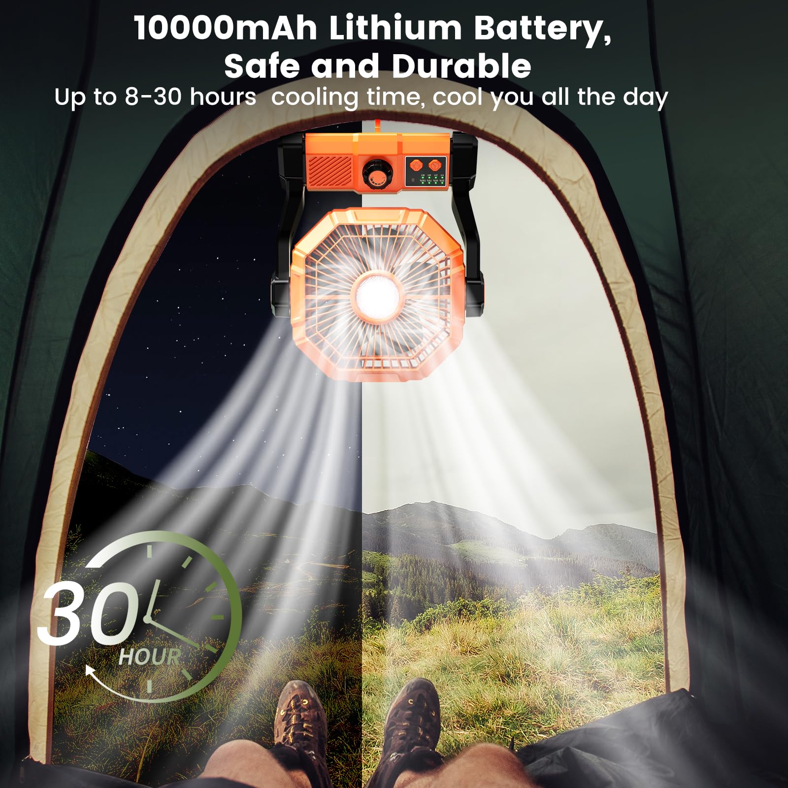 BINUYASHA Camping Fan With 8 Speeds, 10000mAh Battery Operated Fan With LED Lantern, Outdoor Portable Fans For Camping With Remote, Timing, Hook 4