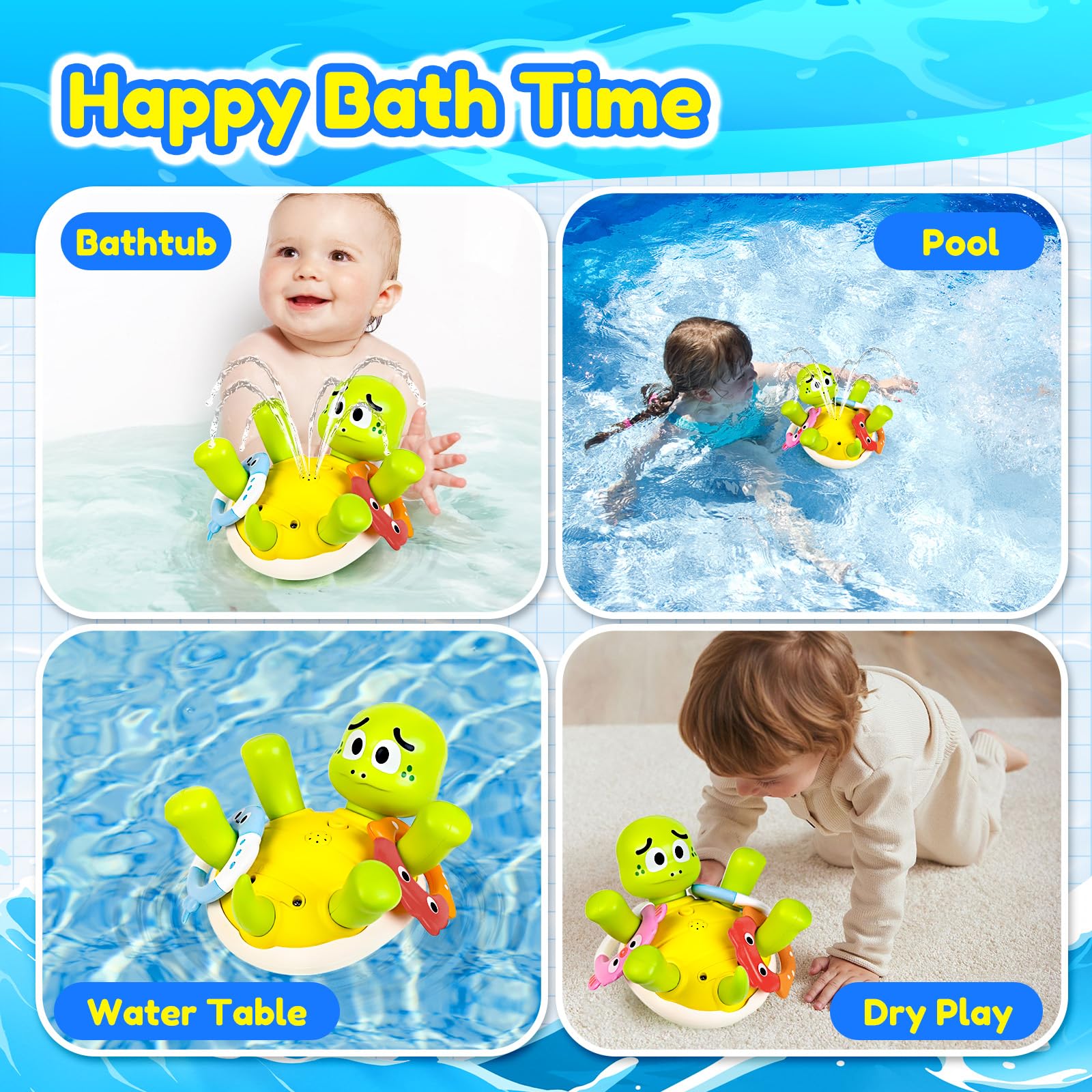 Baby Bath Toy Sprinkler, Rechargeable Turtle Bath Toys for Kids Toddlers Ages 1-3 2-4 with 5 Rings, Mold Free Bath Pool Water Spray Toys for Babies Toddlers 1-3-5, Great Birthday Gifts for Kids 6