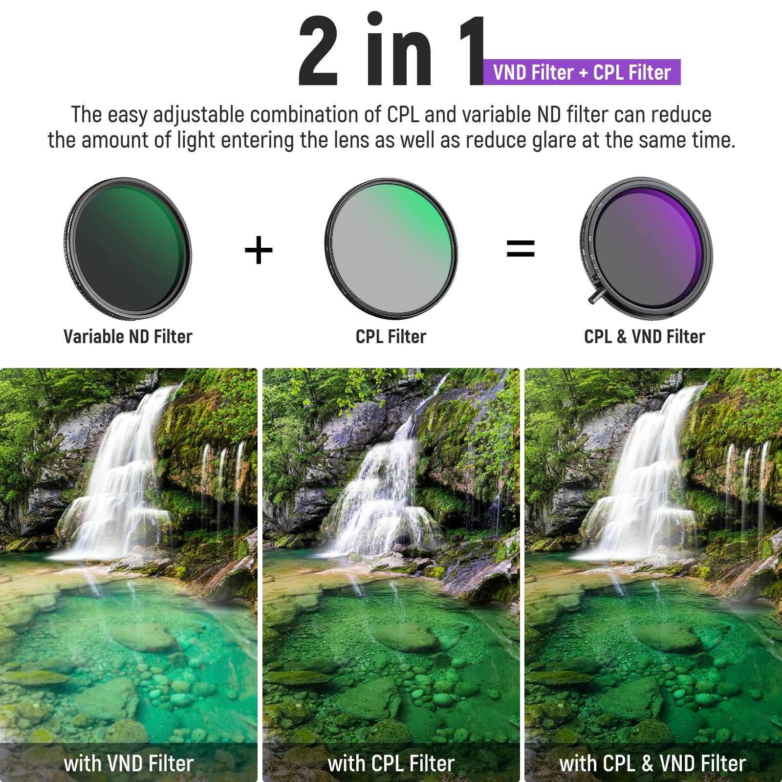 NEEWER 43mm True Colors Variable ND Filter ND2-ND32 & CPL, 2 in 1 Adjustable Neutral Density and Circular Polarizing Filter, Multi Coated HD Optical Glass/Aluminum Frame 4