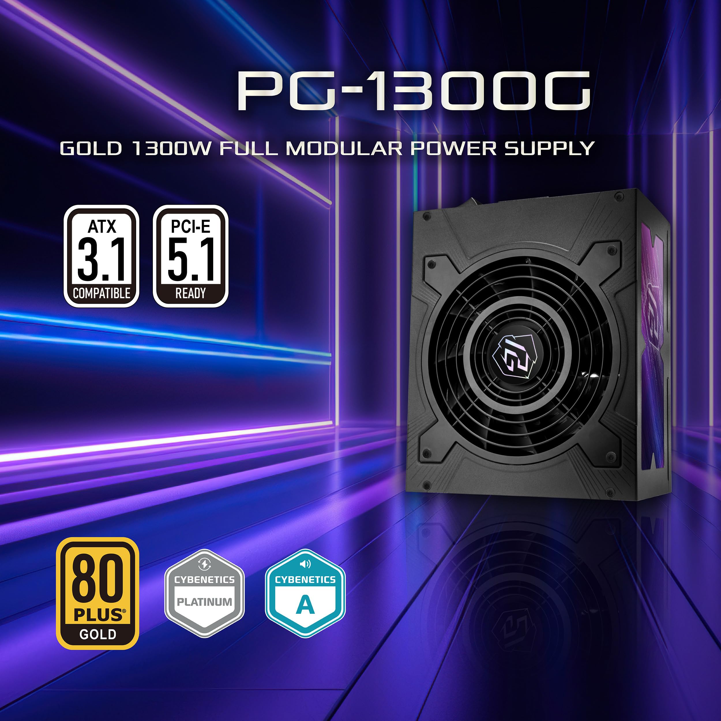 ASRock Phantom Gaming PG-1300G ATX 3.1 1300W Power Supply PCle5.1 10 Years Warranty Fully Modular Japanese Capacitor 80 Plus Gold Cybenetics Platinum 12V-2x6 Cables 3