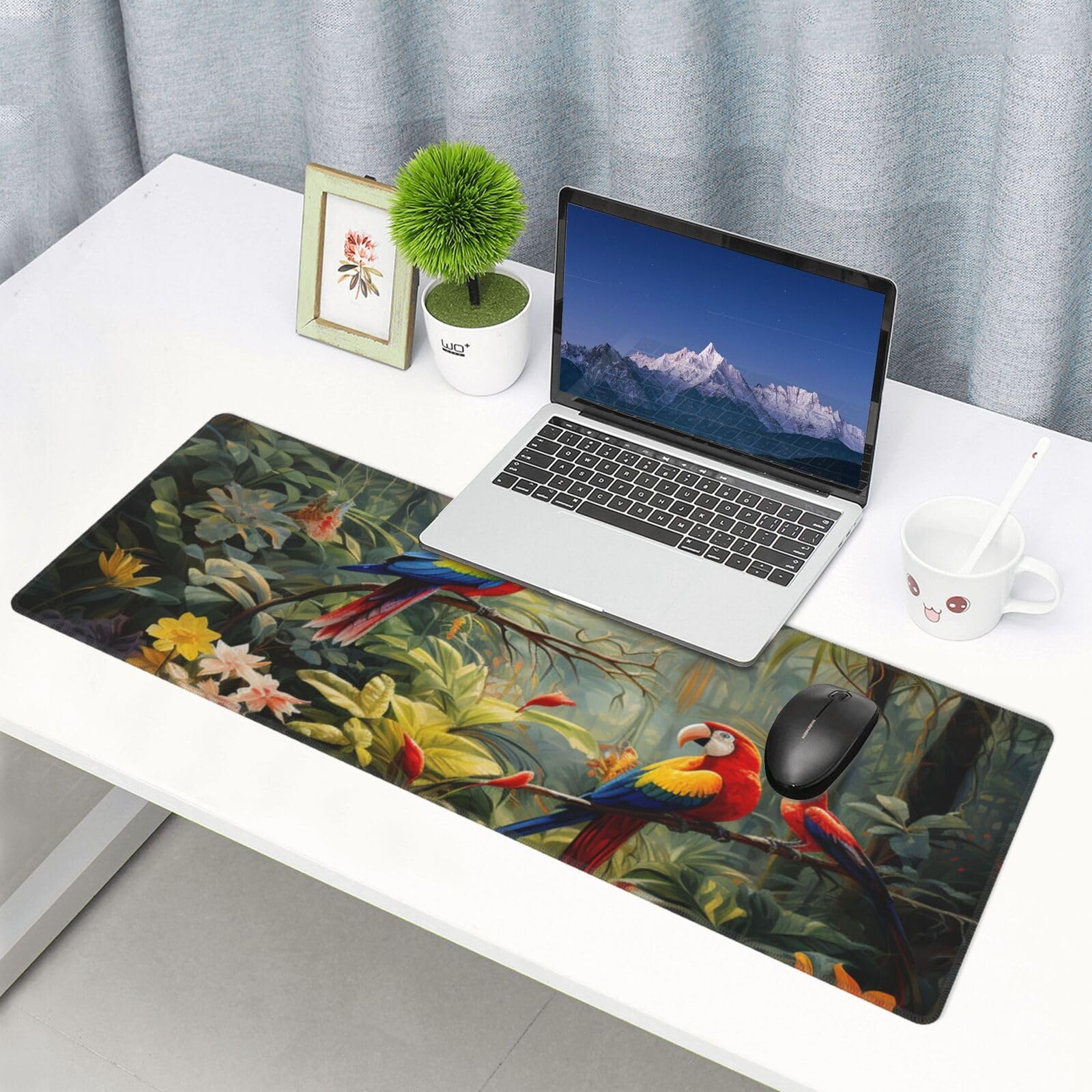 Famame Laptop Mouse Pad Parrots on Tropical Plants Desk Mat with Stitched Edges 31.5X 11.8 inch Non-Slip Large Keyboard Rubber Writing Table Mat for Office Home 5