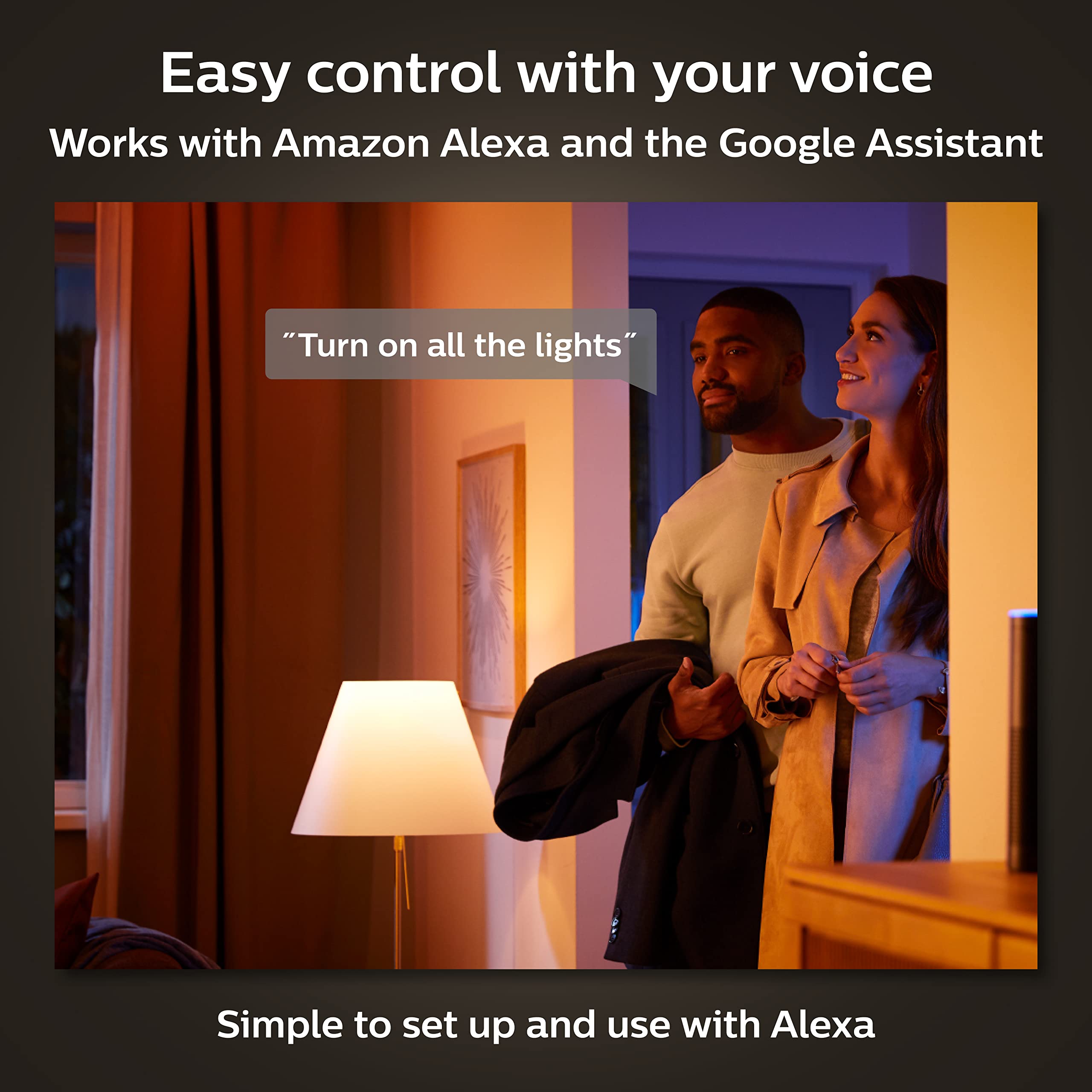 Philips Hue Smart Light Starter Kit - Includes (1) Bridge and (4) 75W A19 E26 LED Smart White Ambiance Bulbs - Control with App - Compatible with Alexa, Google Assistant, and Apple HomeKit 4