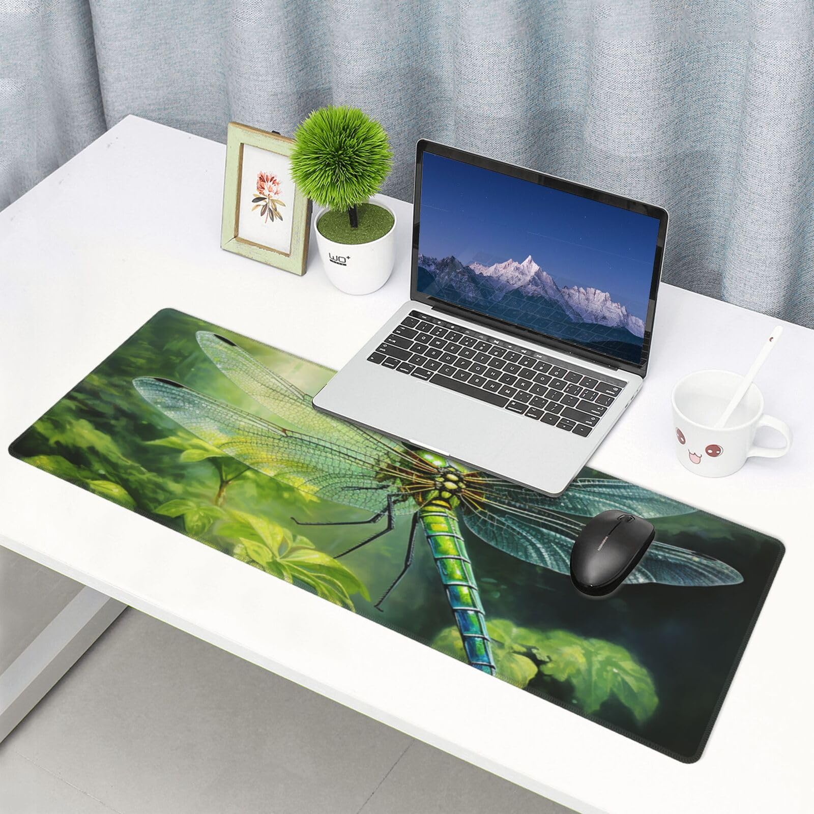 Famame Laptop Mouse Pad Green Dragonfly on Leaves Desk Mat with Stitched Edges 31.5X 11.8 inch Non-Slip Large Keyboard Rubber Writing Table Mat for Office Home 5