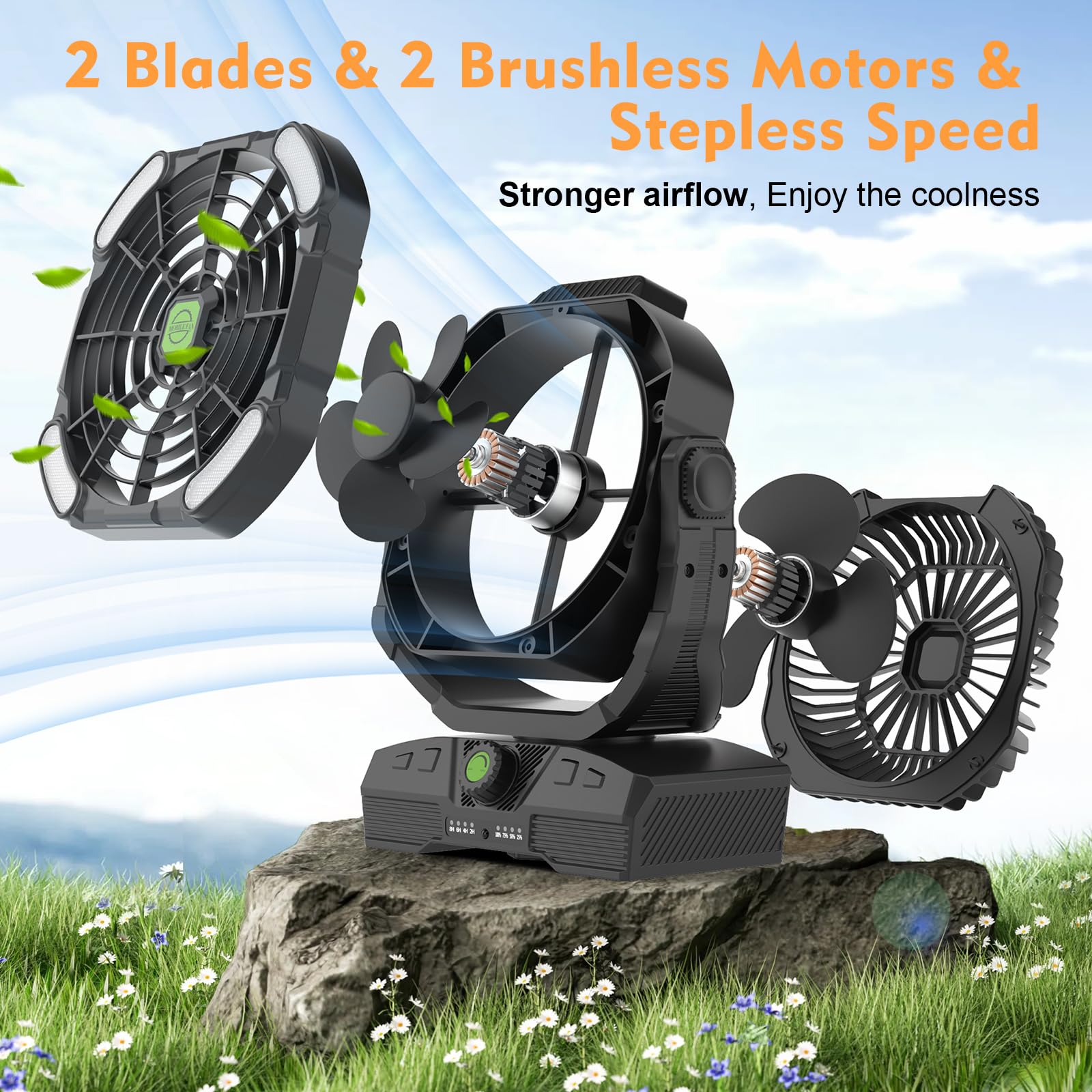 RUNTOP 20000mAh Oscillation Camping Fan, Remote Control Rechargeable Battery Operated Outdoor Tent Fan w/Hanging Hook, Portable Personal USB Desk Fan for Camping, Jobsite Tent Travel Beach Bedroom 2