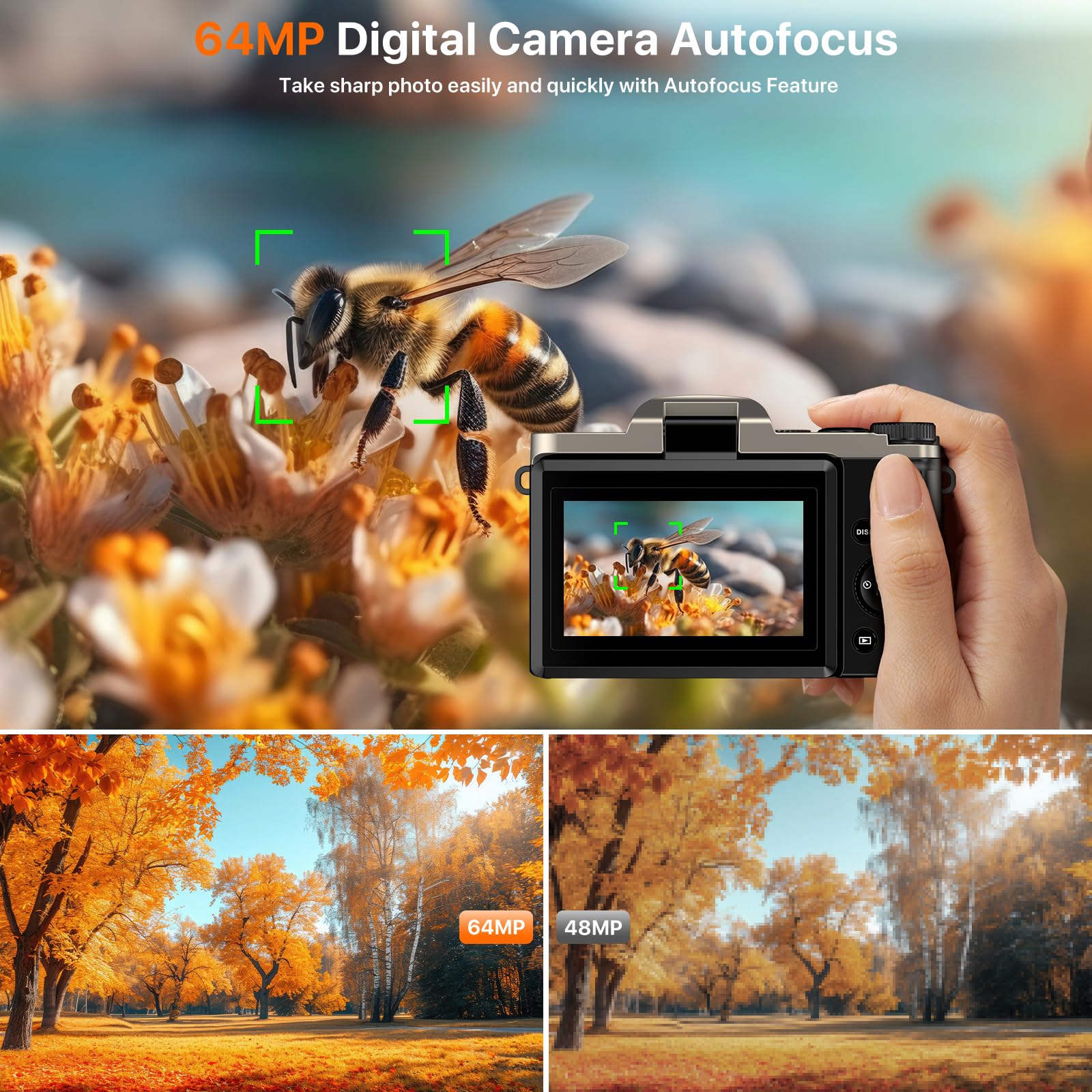 4K Digital Camera for Photography 64MP WiFi Vlogging Camera for YouTube Autofocus 3" 180° Flip Screen 16X Zoom Compact Travel Cameras with Anti-Shake, SD Card, 2 Batteries & Battery Charger 2