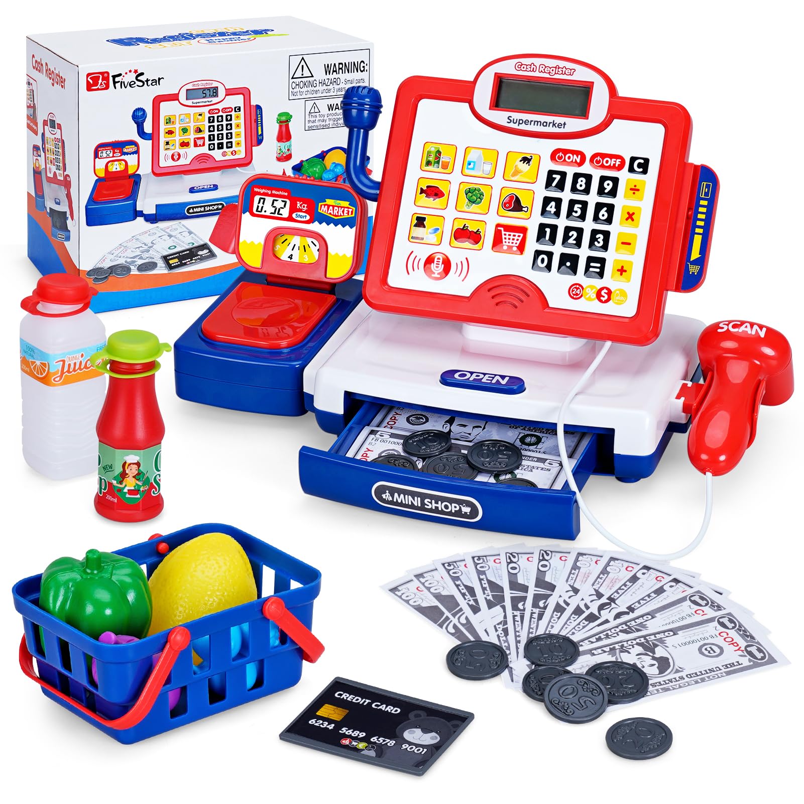 FS Toy Cash Register for Kids with Scanner, Play Money, Credit Card, Shopping Basket, Pretend Play Toys Grocery Store Items for Toddler Age 3-5-7 Years Old Boys and Girls Preschool Learning Activities 1