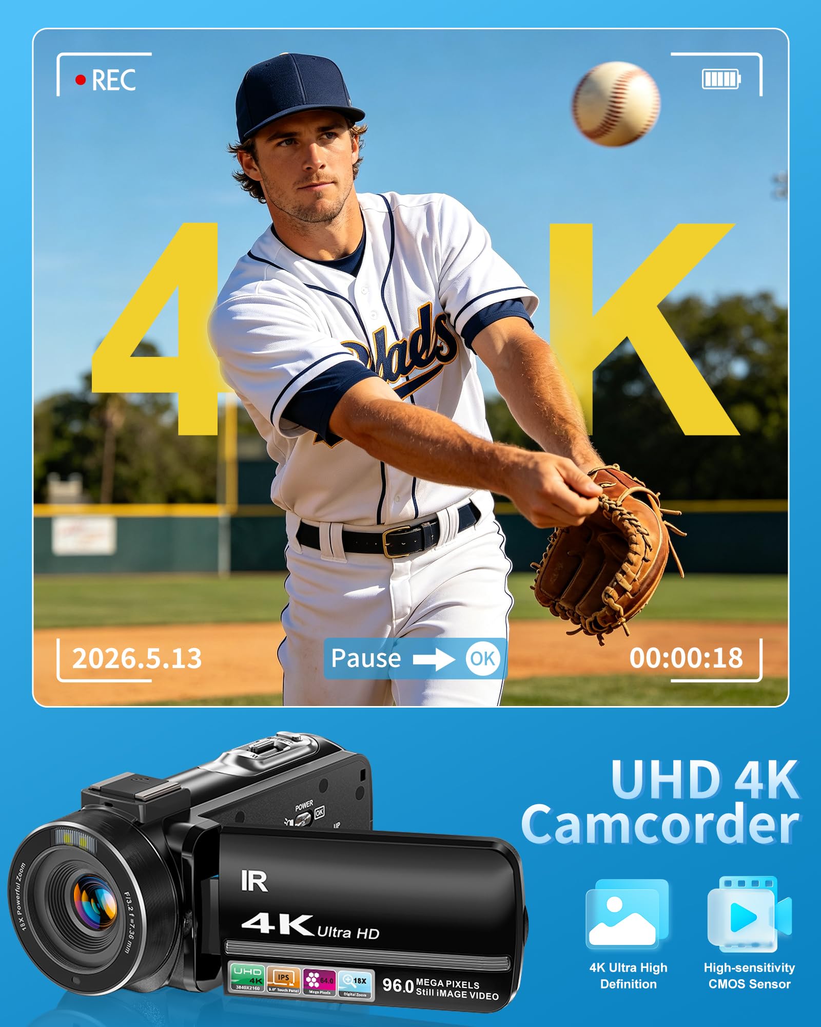 Aidzhi 4K Video Camera Camcorder 96MP UHD Vlogging Camera for YouTube 18X Digital Zoom 3.0 IPS 270° Rotation Touch Screen Video Recorder with Remote Control, Night Vision, 32GB Card, 2 Batteries 4