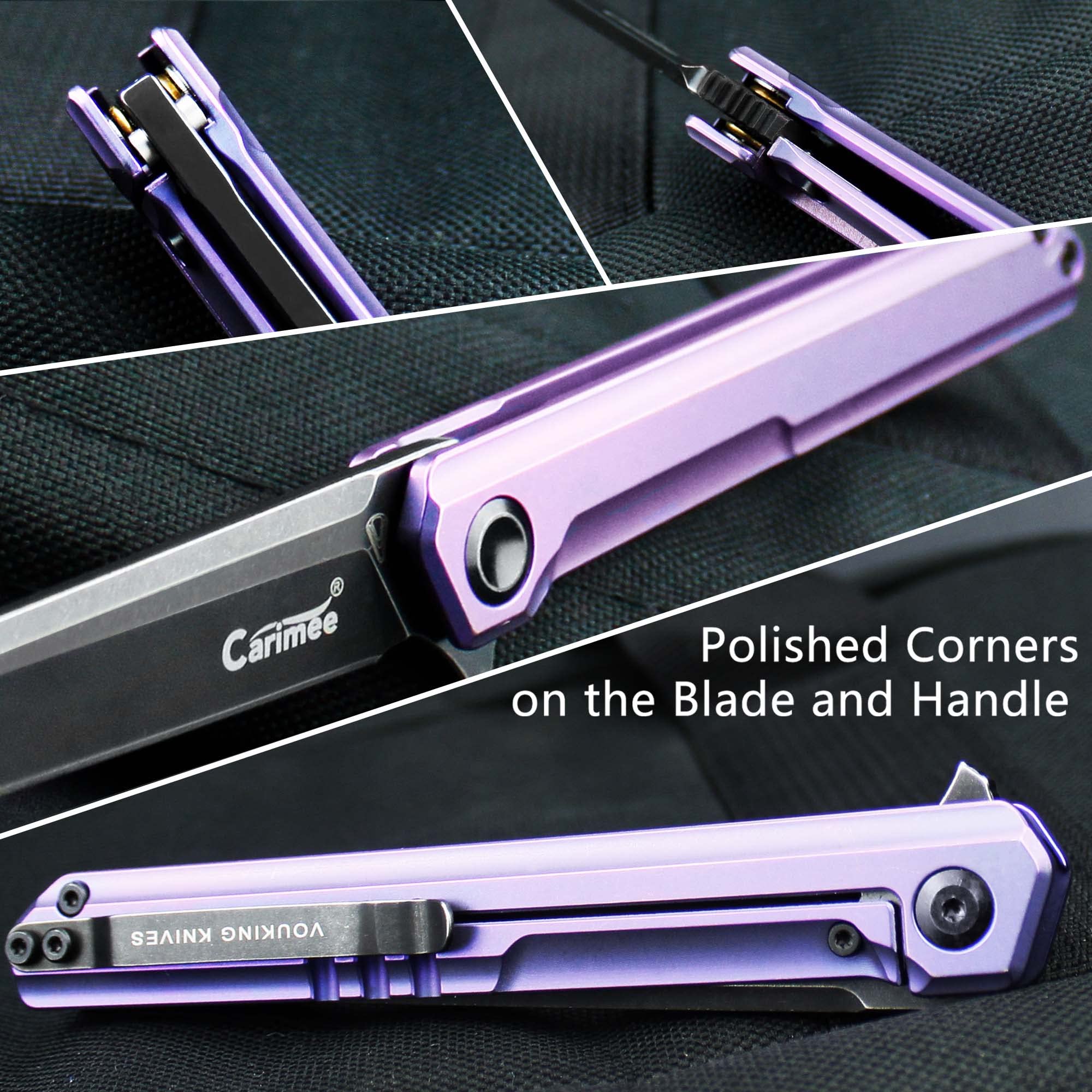 Carimee Titanium Handle Pocket Knife, Folding EDC Flipper Knife Gentleman's Carry Knife Gift Box Purple Titanium Handle With Water Proof Case and Stedemon Vouking Collabration 5