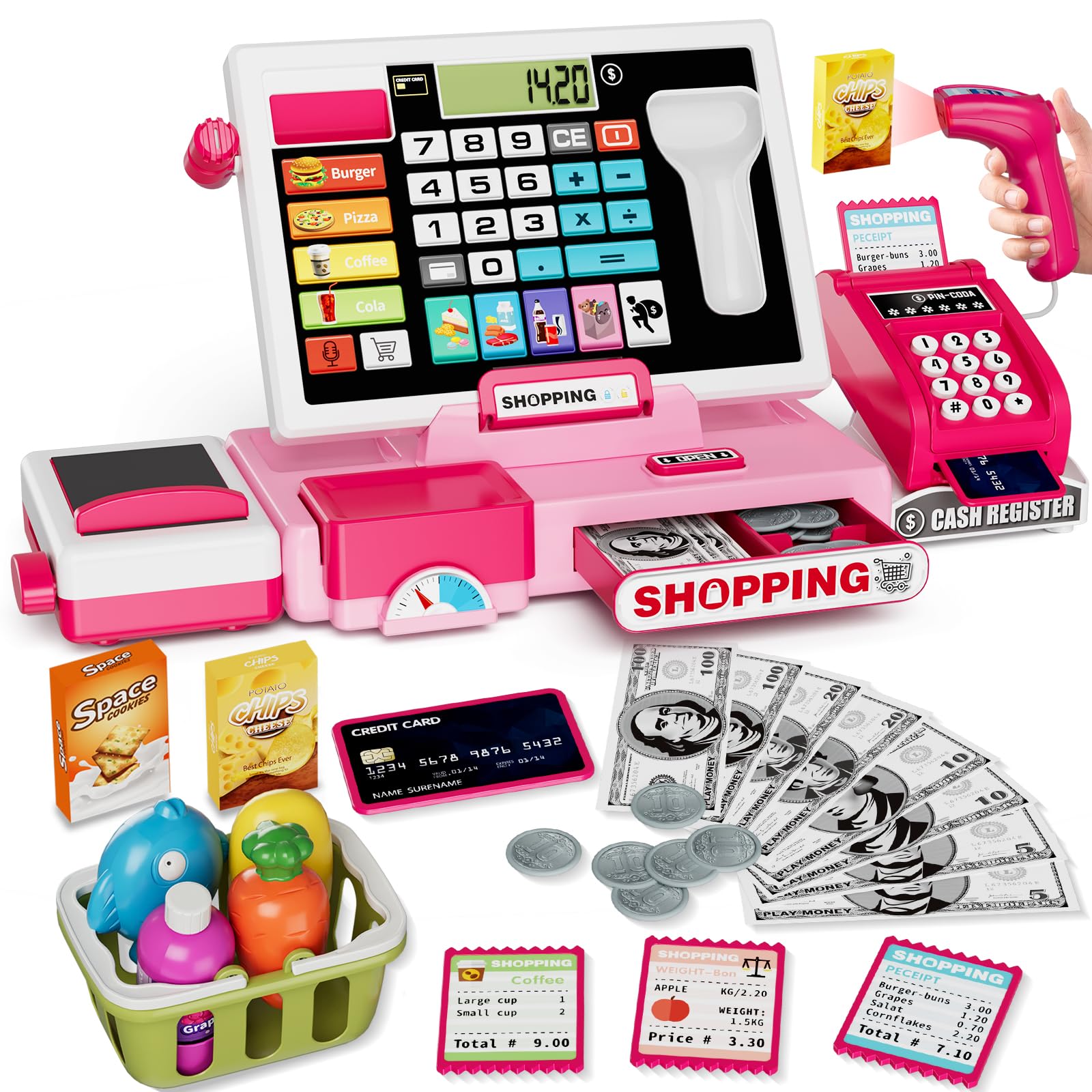 HYES Kids Cash Register Toy Playset with Real Calculator, Toddler Pretend Play Store incl Scanner/Credit Card/Play Money/Conveyor/Food Toys, Learning Toys Gifts for Girls Ages 4-8 8-12, Pink 1