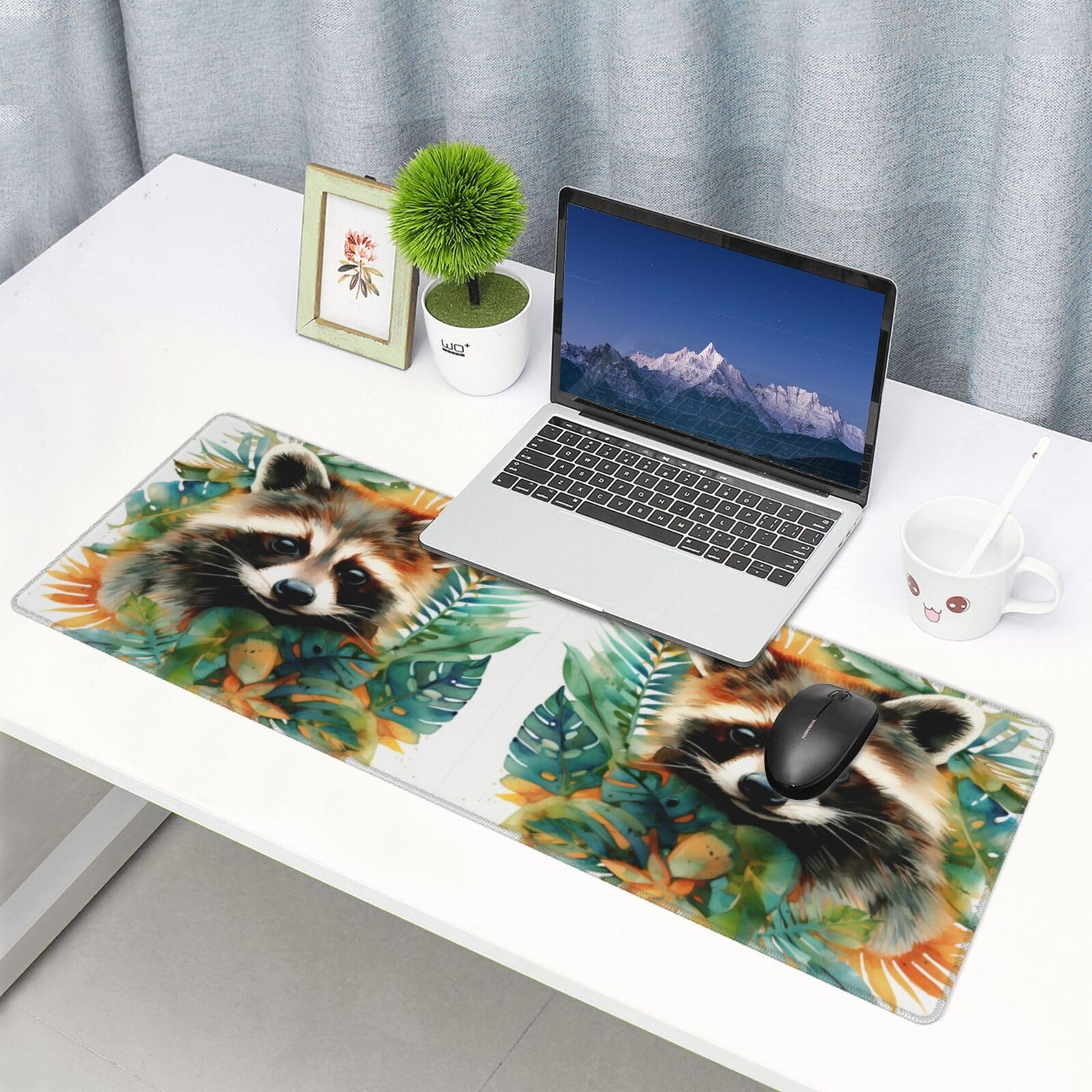 Famame Laptop Mouse Pad Tropical Leaves Raccoon Desk Mat with Stitched Edges 31.5X 11.8 inch Non-Slip Large Keyboard Rubber Writing Table Mat for Office Home 5