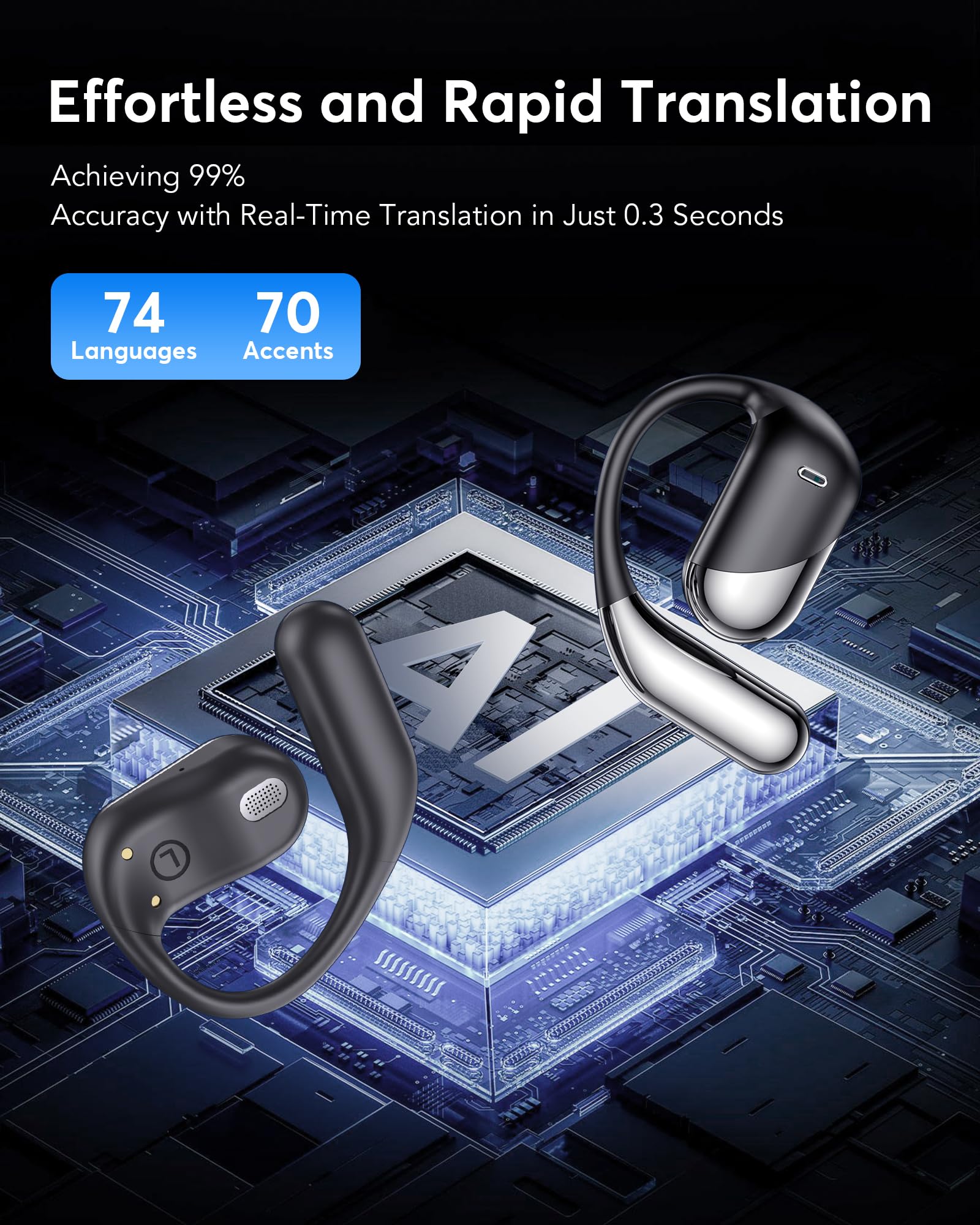 AI Translation Earbuds Real Time, 3-in-1 Translator Earbuds Audifonos Traductores Inglés Español, 144 Languages & Accents, Open Ear Wireless Ear Buds Bluetooth with Charging Case fit iOS & Android 3