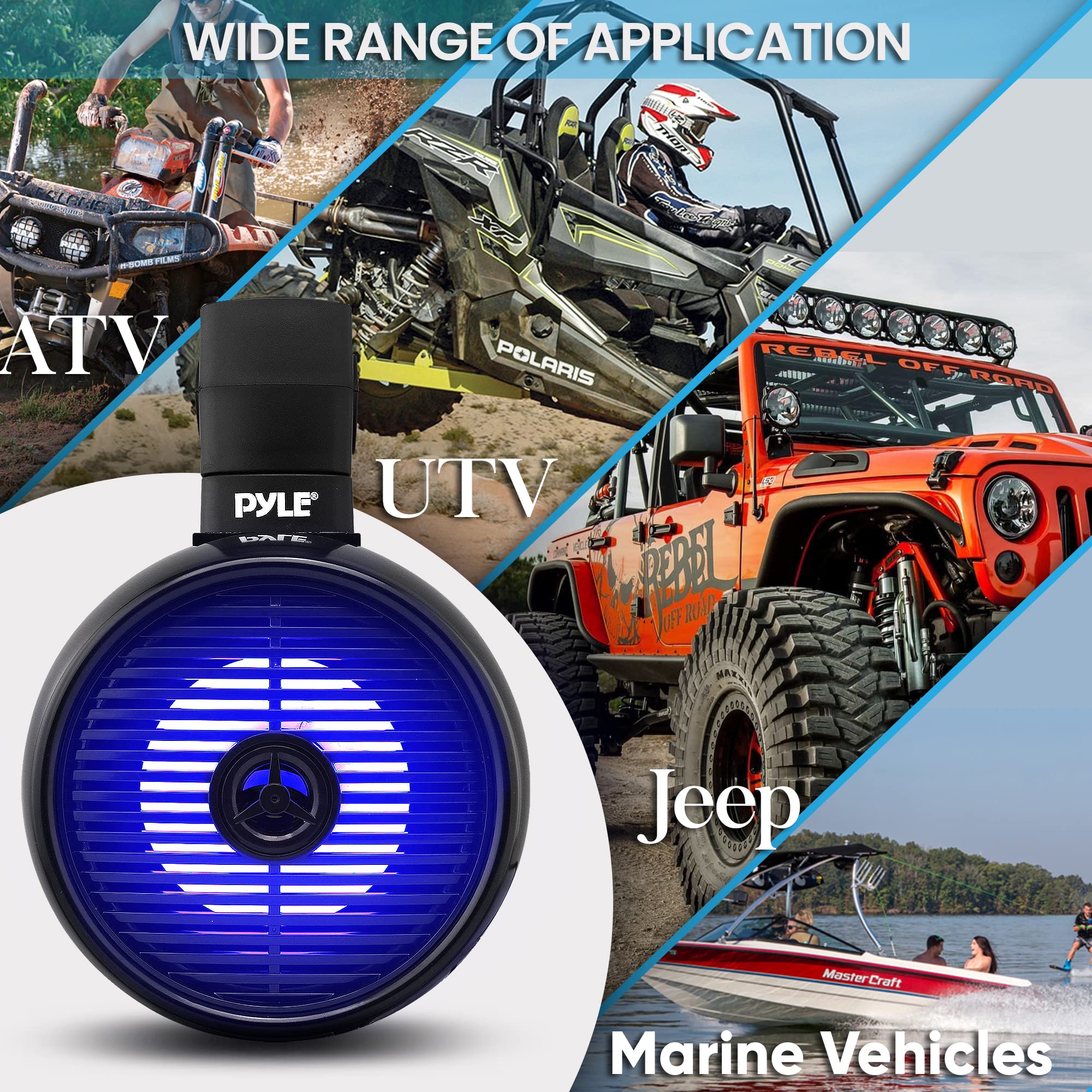 Pyle 6.5" Marine Wakeboard Speaker - 200W Waterproof 2-Way Mini Box System, LED Lights, Heavy Duty ABS Construction, Marine Grade Audio for Tubing and Roll-Cage Mounting (Black) 6