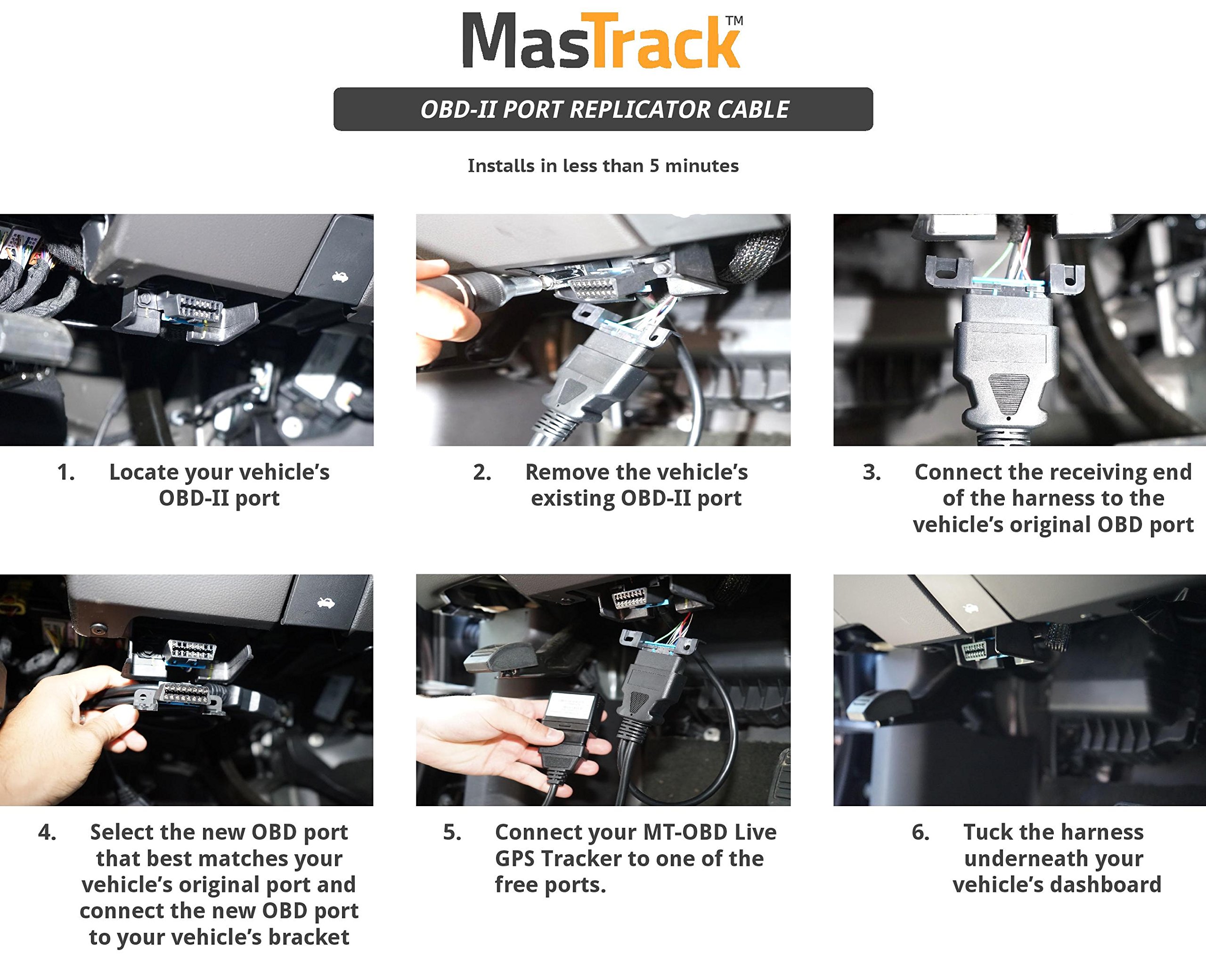 MasTrack OBD 2 Flat Ribbon 16 Pin Male to Female Port + OBD-II Port Replicator Cable 6