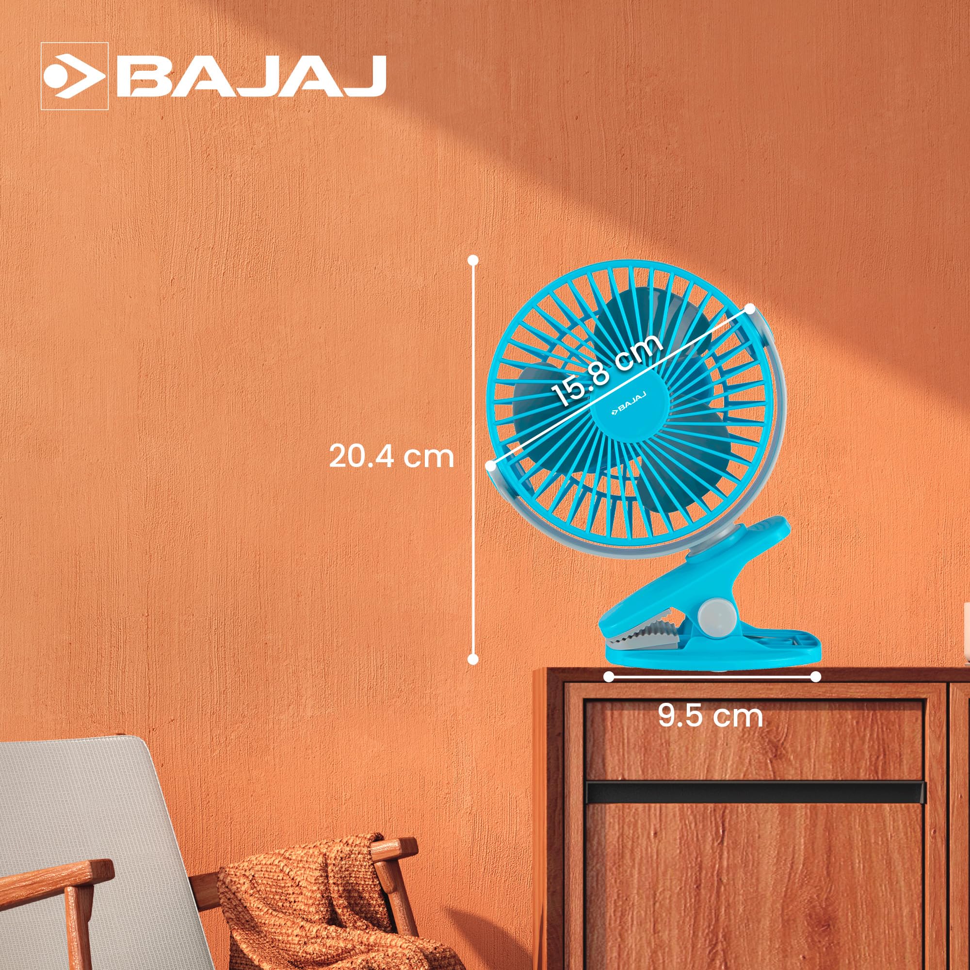 Bajaj Pygmy Mini Fan 110MM | USB Charging | Multi-Clip Function | Rechargeable | 4-Hr Back-up | Silent Operation | Longer Battery Life | Energy Efficient | Portable 【Blue】 6