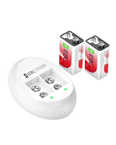 EBL 9V Rechargeable Batteries Lithium Ion 600mAh with Smart Charger, Long Lasting 9 Volt Li-ion Battery 2 Pack for Smoke Detector, Alarm