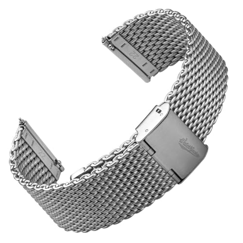 WatchGecko Classic Mesh Watch Strap, Polished or Satin Brushed Finish, 18-22mm. Men's Replacement Stainless Steel Band. Quick Release Spring Bars for Easy Changes
