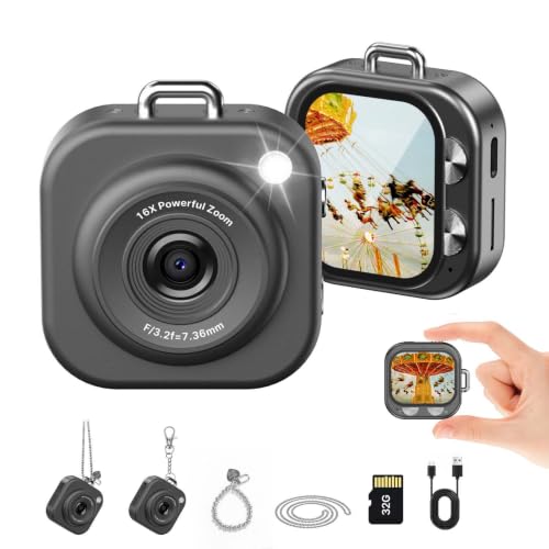 W & O Mini Keychain Digital Camera,1080p Mini Camera Charms with 32GB Card,Small Cameras for Photography with Long Battery Life,Pocket-Size Keychain Camera with Chain for Vlog, Party,Travel (Black)