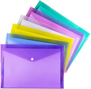 CAMPIO Premium A4 FS Size Envelope Document Folder Storage Case, Clear Plastic File Organizer with Snap Button, Multicolor Holder for Certificates, Papers & Stationery (Pack of 10)