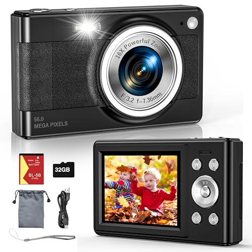 2025 New Digital Camera, 56MP FHD 1080P for Kids with 16x Digital Zoom Anti Shake, Face Detect, Smile Capture, 32GB TF Card, Battery, Lanyard, a Great Gift for Boys & Girls(Black)