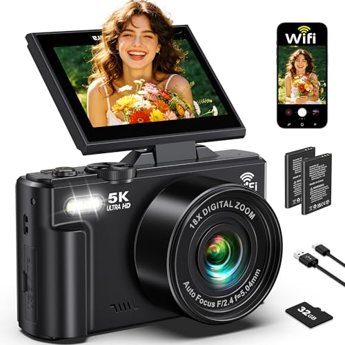 5K Digital Camera for Photography - 75MP WiFi Vlogging Camera for YouTube - UHD 18X Zoom Digital Cameras with Flip Screen 3" 180° - Travel Flash Camara for Beginners & Adults